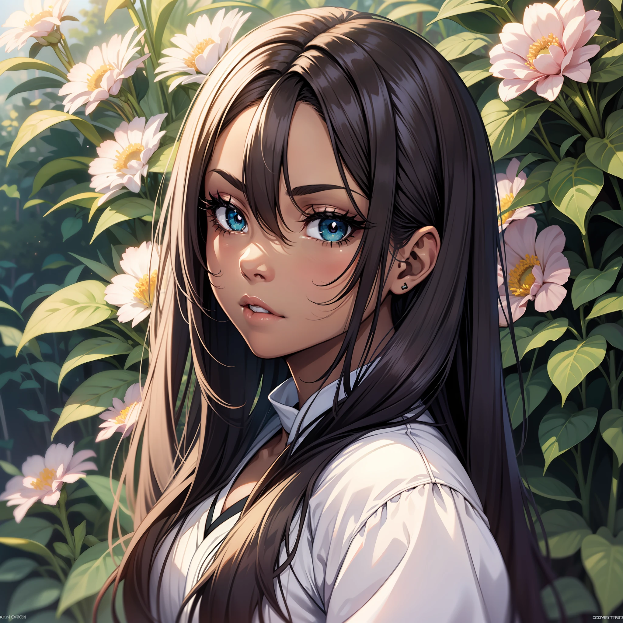 (a young woman:1.2)| (a girl:1.1), dark skin, portrait, makeup, super detailed, Pokemon anime style, green and flowery field, direct look, contoured.