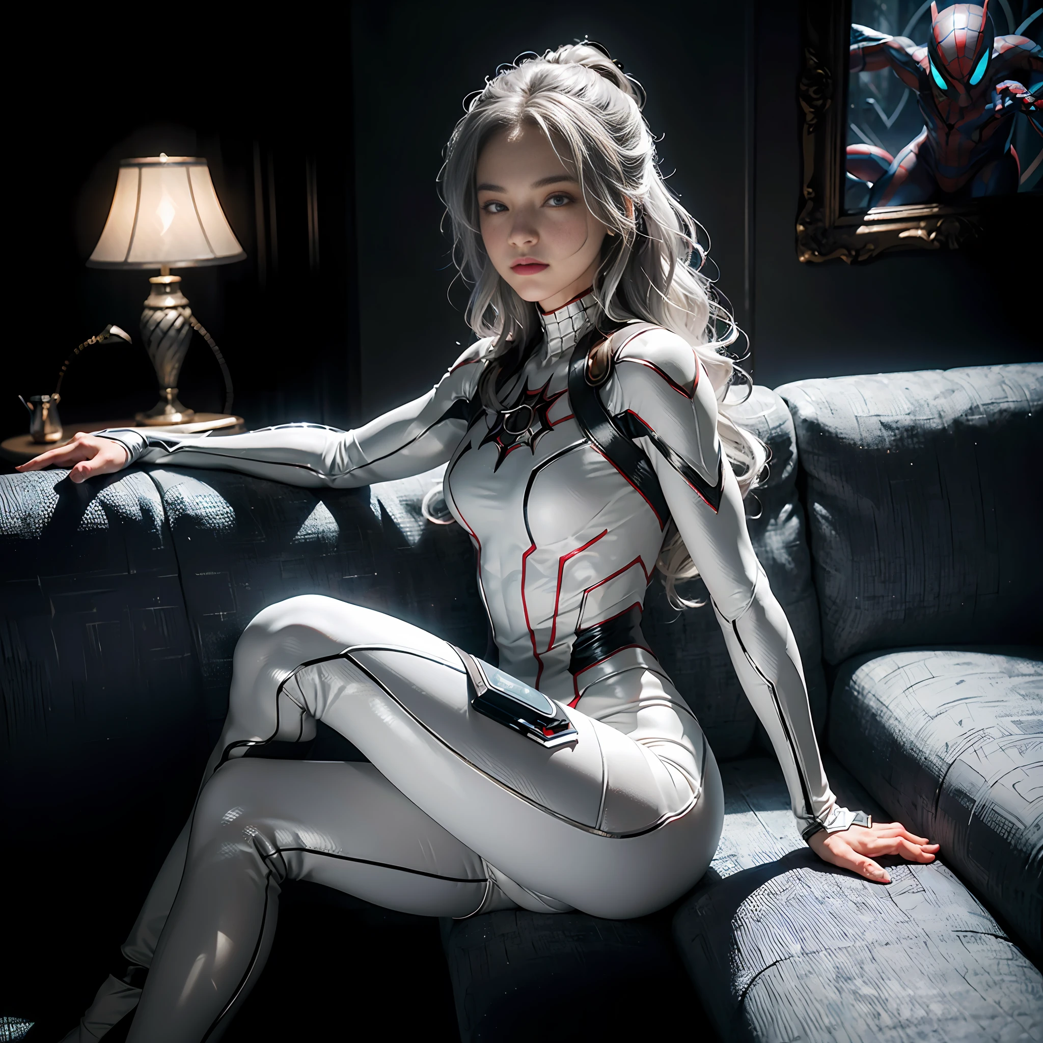 (Extreme Detail CG Unity 8K wallpaper, masterpiece, highest quality), (Exquisite lighting and shadow, highly dramatic picture, Cinematic lens effect), a girl in a white Spider-Man costume, silver gray hair color, from the Spider-Man parallel universe, Wenger, Marvel, Spider-Man, sitting on the couch, dynamic pose), (excellent detail, excellent lighting, wide angle), (excellent rendering, enough to stand out in its class), focus on white Spider-Man costumes, complex spider textures