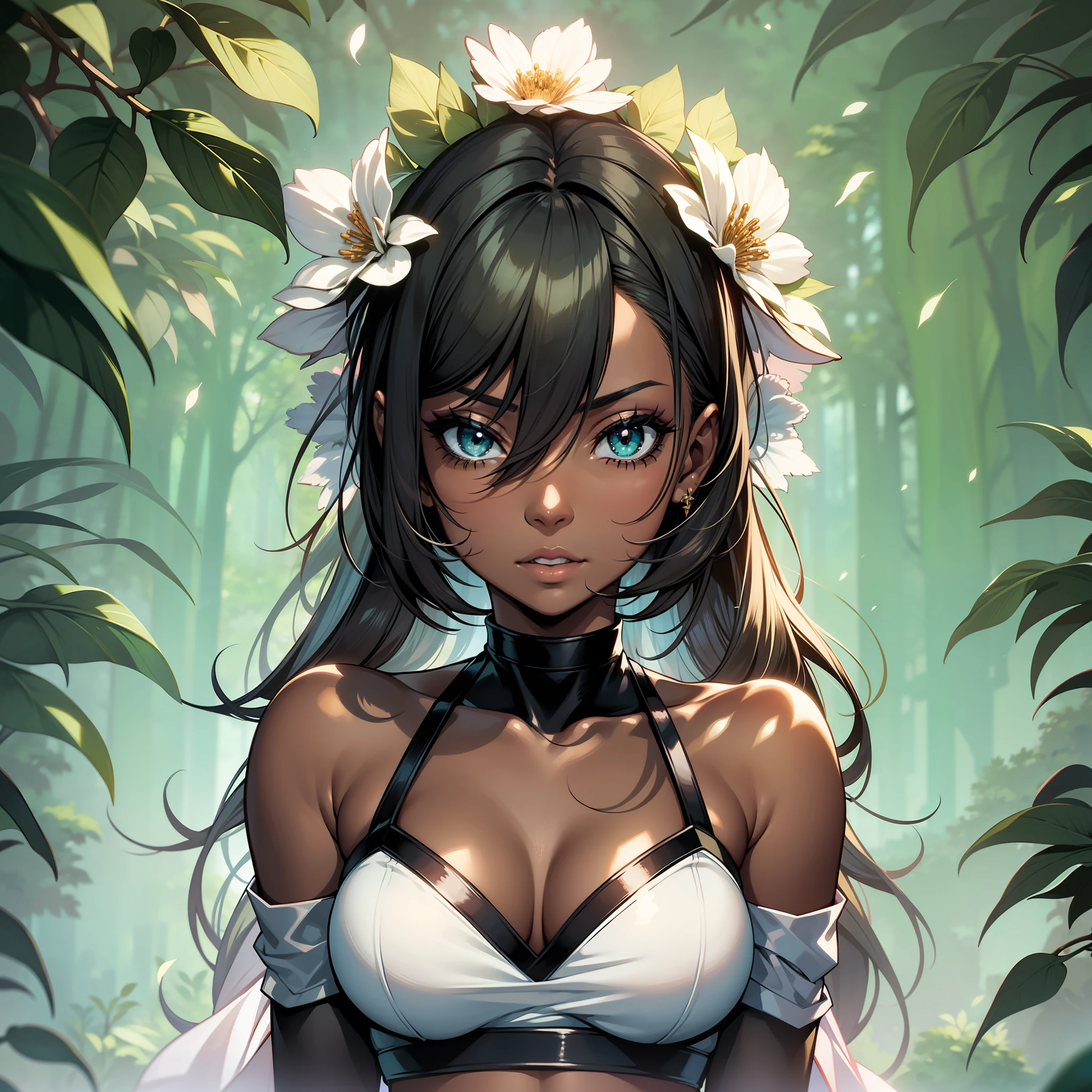 (a young woman:1.2)| (a girl:1.1), dark skin, portrait, makeup, super detailed, Pokemon anime style, green and flowery field, direct look, contoured.