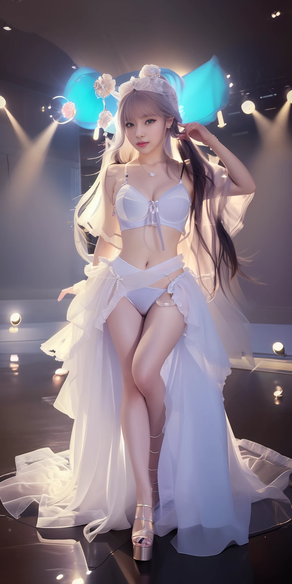 Full Body, Best Quality, Masterpiece, High Resolution, 1girl, Transparent Silk Porcelain Underwear, Pretty Face, Hair Accessories, Look at the Audience, Smile, Close Mouth, Lips, Dress, Hair Accessories, Necklaces, Jewelry, Long Hair, Earrings, Beautiful Face, Body, Tindal Effect, Realism, Shadow Studio, Edge Lighting, Two-Color Lighting, (High Detail Skin: 1.2), 8k UHD, DSLR, Soft Light, High Quality, Volume Lighting, Photo, High Resolution 4K, 8K, Blurred Background