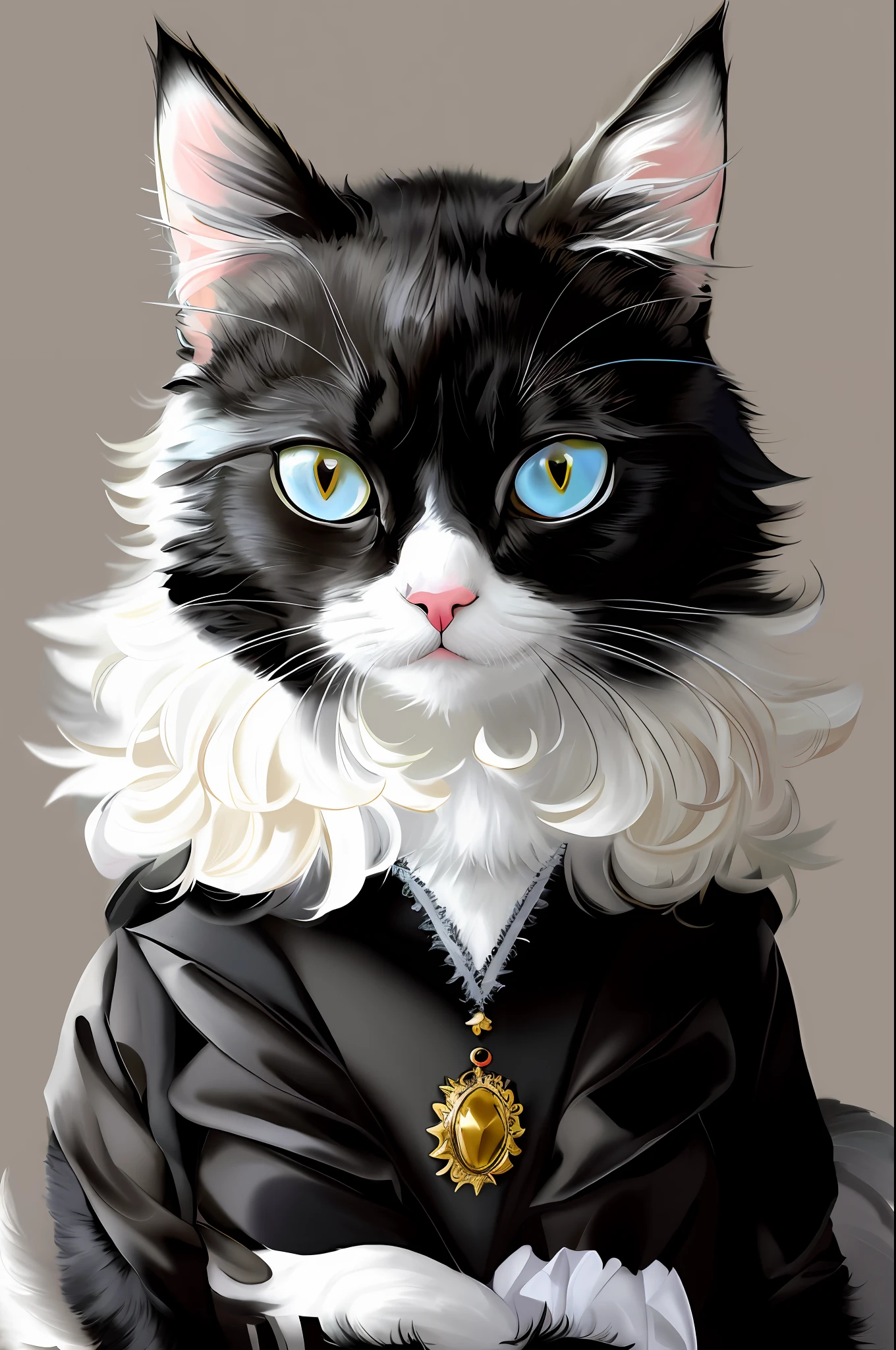 painting of a cat dressed in a black and white outfit, anthropomorphic cat, elegant cat, anthropomorphic female cat, tuxedo cat, majesty in noble clothes, cat. digital painting, adorable digital painting, portrait of a cat as a pirate, god of cats, cute detailed digital art, cat masterpiece, cat portrait, furry digital art