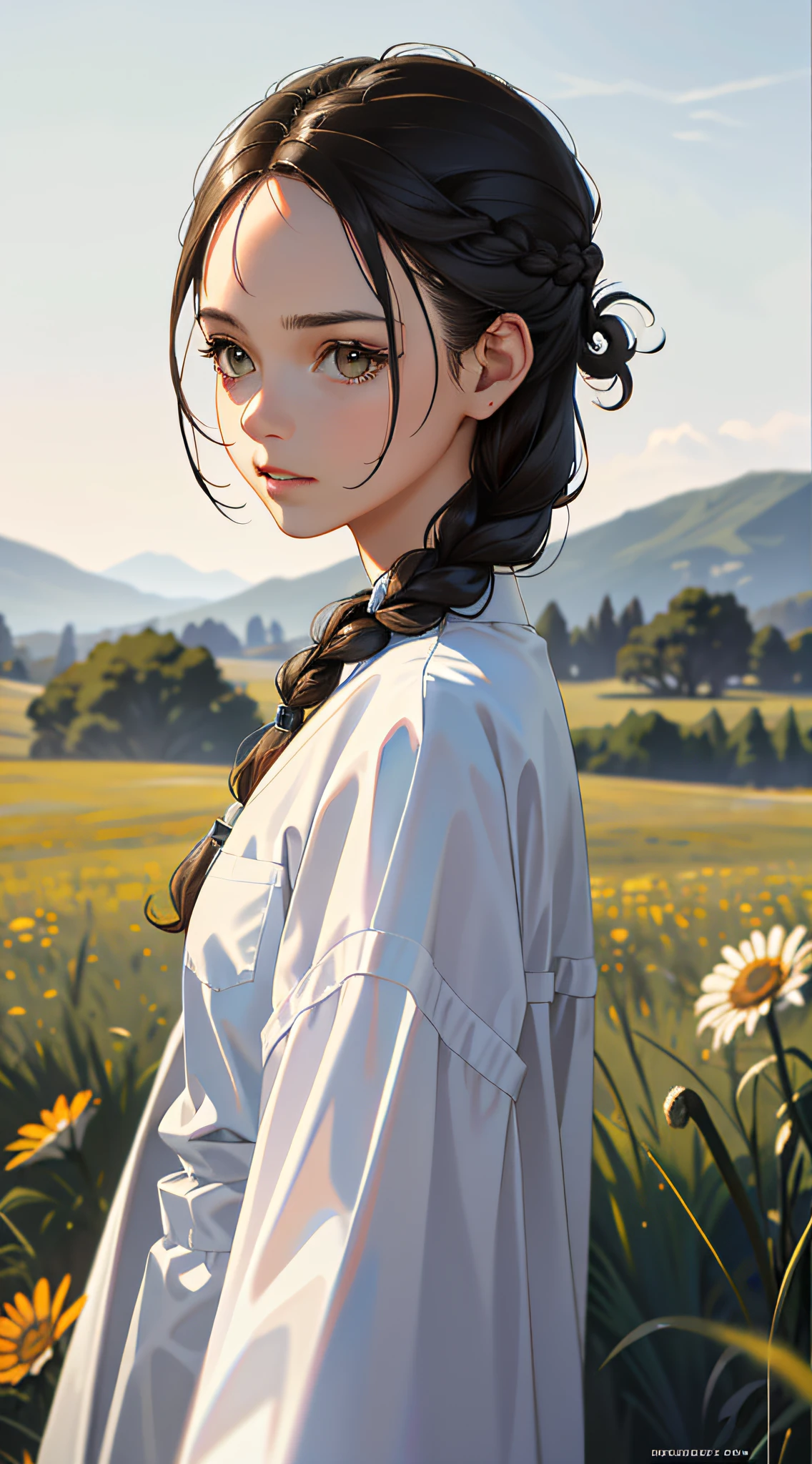 Movie Poster,Single,Most Real,Highest Resolution,Face Resolution,(((Braid Hairstyle: 1.5)),Science Fiction,Sci-Fi,Movie Based Foundation,View from front,Angry,Mature looking,40-year-old woman,Black one-sided hairstyle,Brown eyes,(Reference white scientist set :1.5),Filed in the middle of an open meadow with a breeze blowing,Top quality images