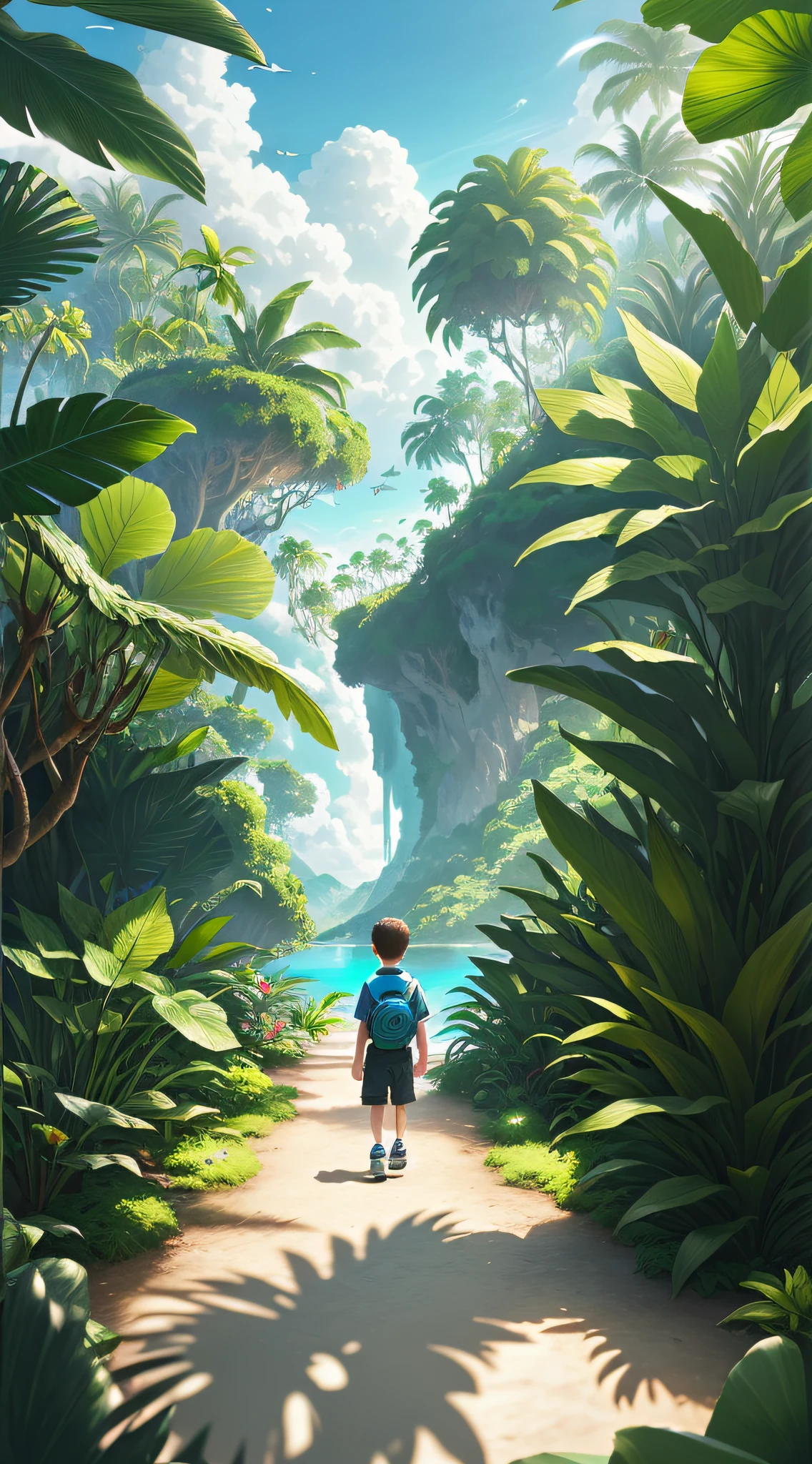 RAW photo, a boy walking in a tropical paradise, lush plants and flower vines, beautiful natural light, fantasy concept world, cartoon, 2D, illustration style, build shot, lens obscured by plants, bold colors, splash art effect, bird, white clouds, lake from behind, panorama, 8k, super detail, high detail
