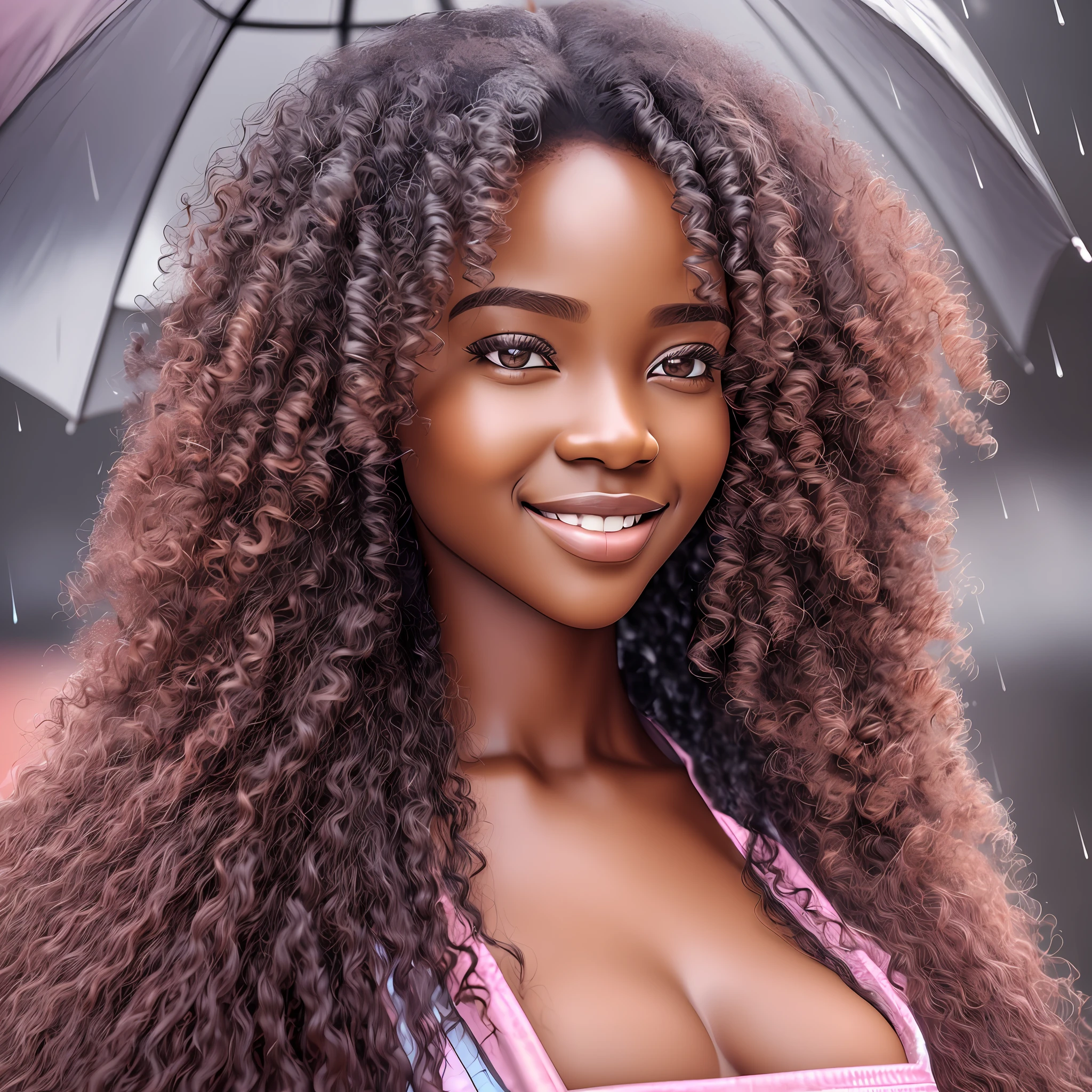 chibi realistic portrait, 3D of beautiful 9 month old African-African girl ((dark skin color)) eating fruits, cute smile, ((in the rain)), wearing pink plain t-shirt and jeans, current fashion, mega long hair curly hair, ((kanekalon)), (cinematic contour lighting), close-up, product preview, detailed facial details, perfect face, sharpness, trend art, sharp facial details, cgsociety, very high quality digital art, exquisite hyperdetail, 4k, 3d, soft lighting 8k, dreamy fashion--air 2:3 --auto --s2