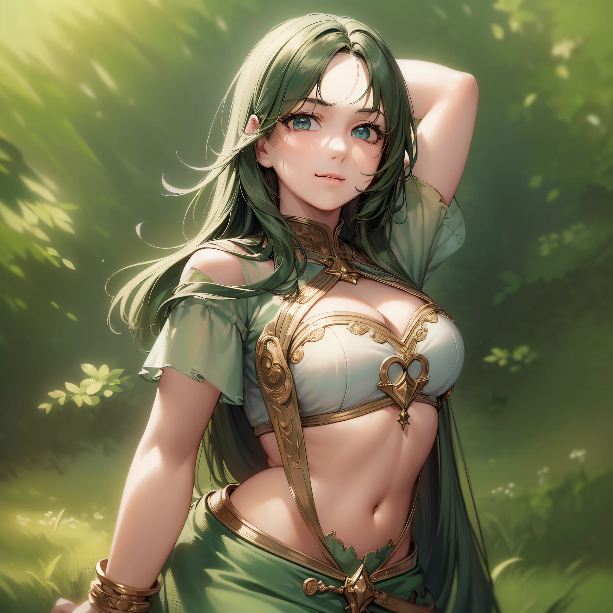 (best quality, masterpiece:1.4), detailed beautiful face and eyes,ultra detailed,high-resolution,4k,1girl, cowboy shot,medium shot ,simple flat green background, stand upright,Slightly left-facing body,(Face facing the front of the body, looking at another:1.5),smile,