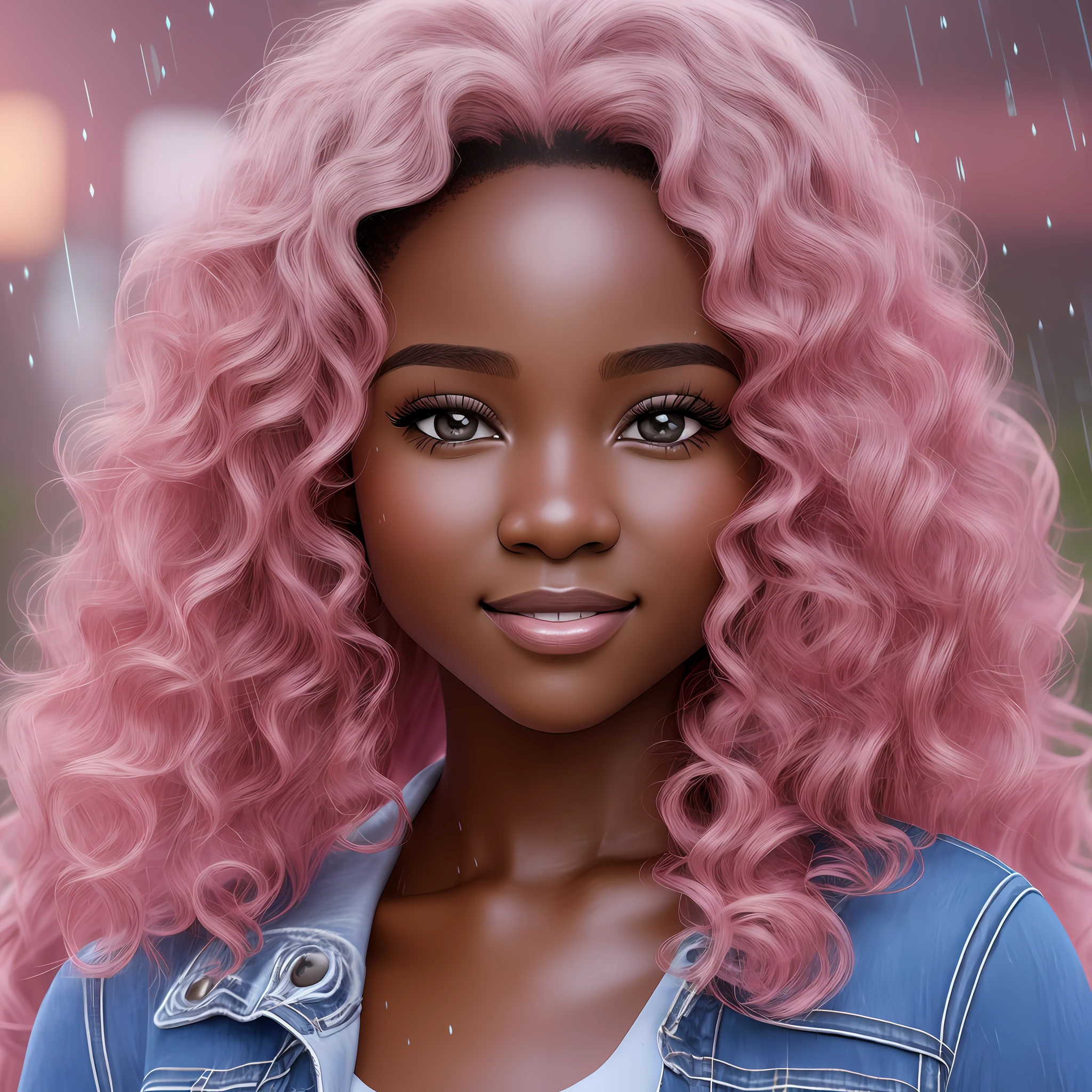 chibi realistic portrait, 3D of beautiful 9  African-African girl ((dark skin color)) eating fruits, cute smile, ((in the rain)), wearing pink plain t-shirt and jeans, current fashion, mega long hair curly hair, ((kanekalon)), (cinematic contour lighting), close-up, product preview, detailed facial details, perfect face, sharpness, trend art, sharp facial details,  cgsociety, very high quality digital art, exquisite hyperdetail, 4k, 3d, soft lighting 8k, dreamy fashion--air 2:3 --auto --s2