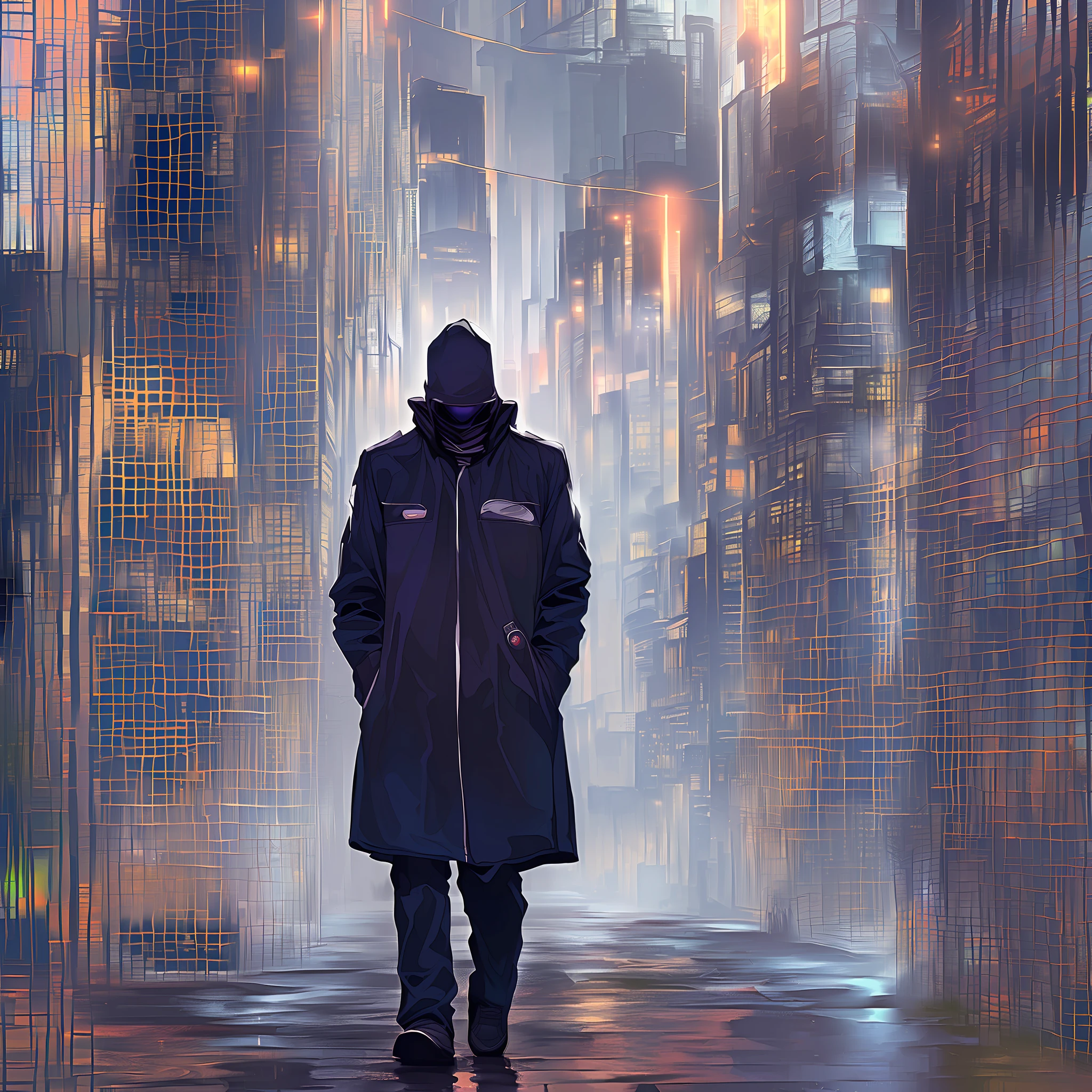 Semi Impasto man walking in the sreet the Tokio futuristicam distopic darkness in the nigth fog danger, detail intricante, 16k --auto --s2