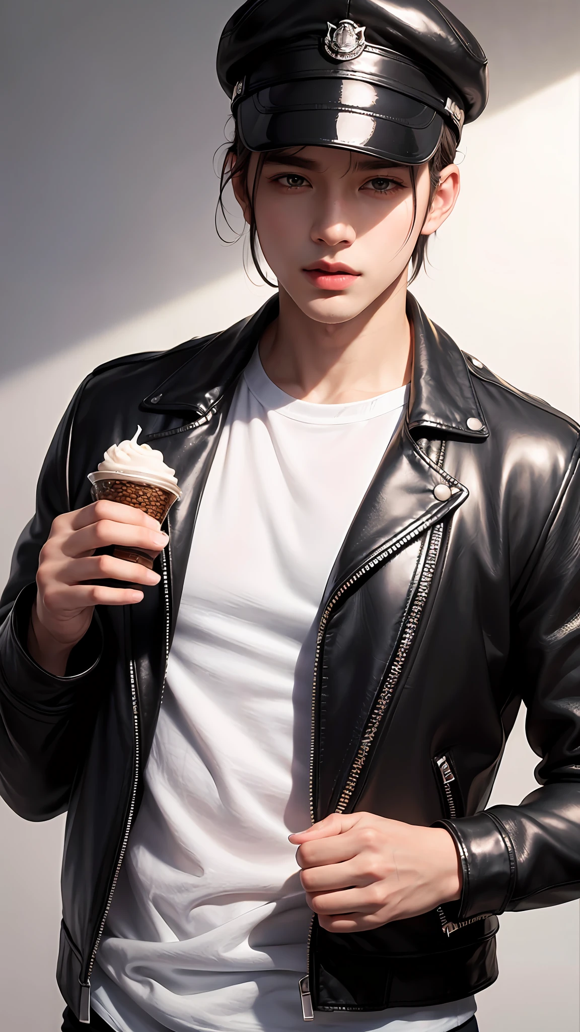 Handsome young man wearing a leather jacket, wearing a cap, with silver hair, holding ice cream, silver messy hair, handsome, (8k, RAW photo, photorealistic:1.25) ,( lipgloss, eyelashes, man, gloss-face, glossy skin, dark skin, dark snik, male, best quality, ultra highres, young man, depth of field, chromatic aberration, caustics, Broad lighting, natural shading,Kpop idol) looking at viewer with a serene and god-like happiness,