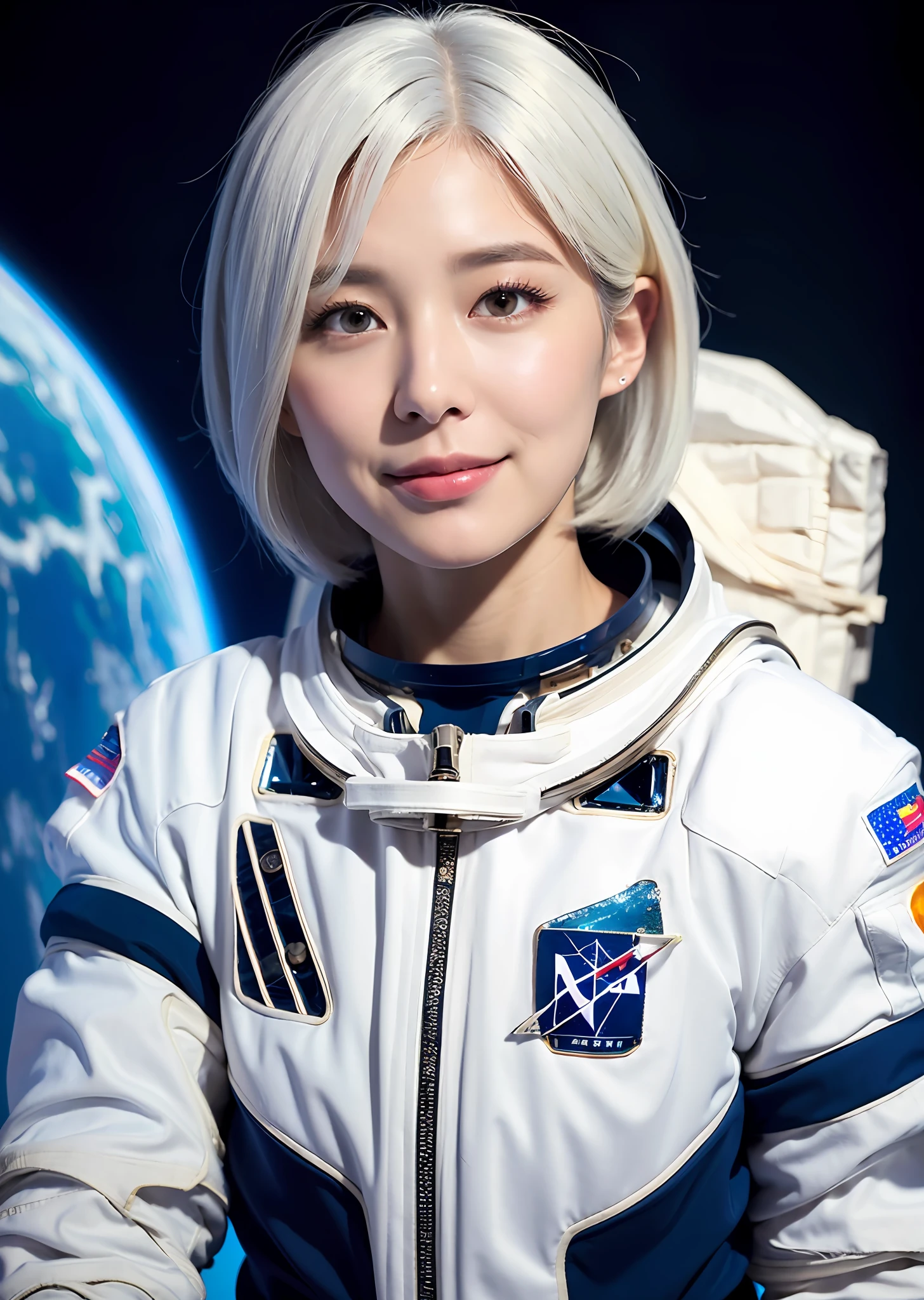 best quality, ultra high res, (photorealistic:1.4), depth of field ,beautiful face, (PureErosFace_V1:0.8), half body, | | 1girl, medium breast, (white hair:1.3), short hair, innocent smile, natural make up, | | model pose, | | (astronaut suit:1.3), (blue armor:1.3), intricate design, | | space background, star_\(sky\), moon light, night time, | |