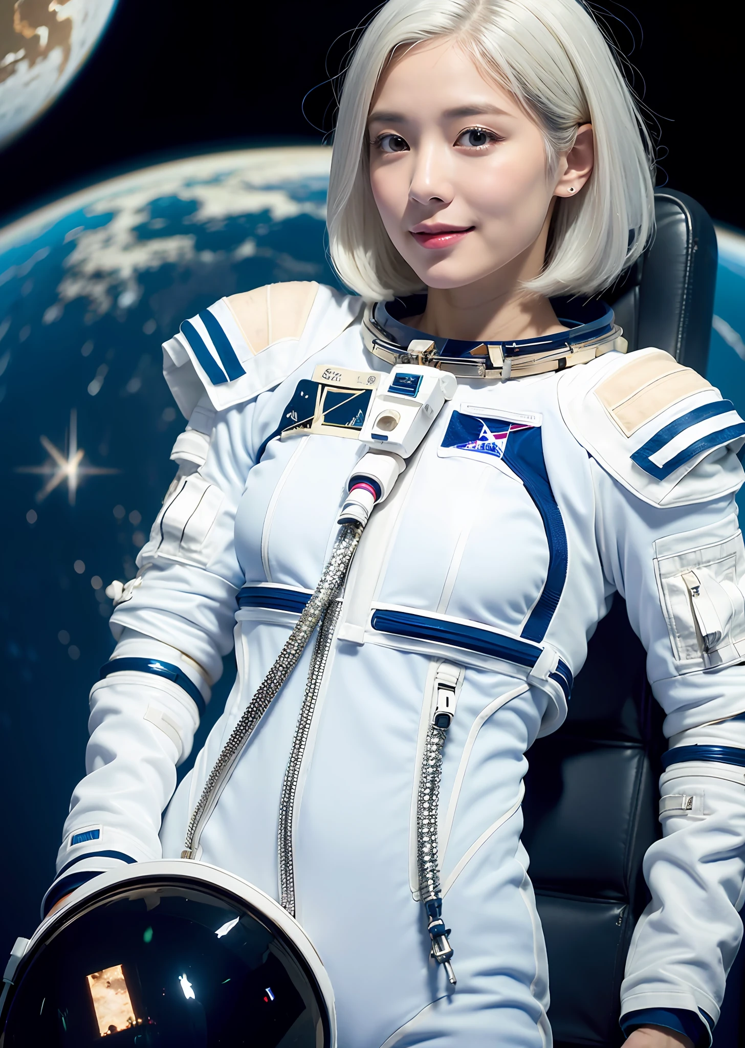 best quality, ultra high res, (photorealistic:1.4), depth of field ,beautiful face, (PureErosFace_V1:0.8), half body, | | 1girl, medium breast, (white hair:1.3), short hair, innocent smile, natural make up, | | model pose, | | (astronaut suit:1.3), (blue armor:1.3), intricate design, | | space background, star_\(sky\), moon light, night time, | |