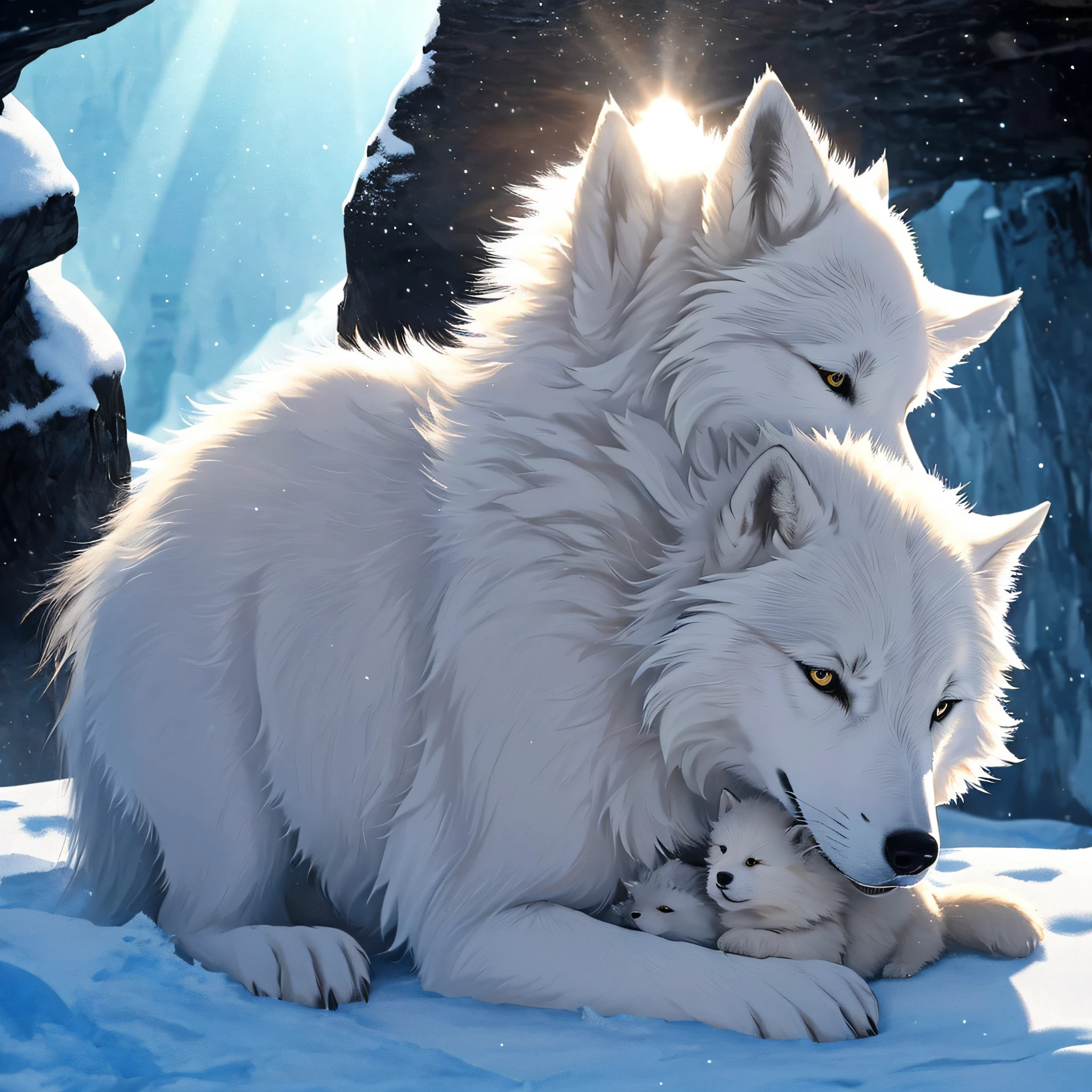 (Best quality: 1.2), (Masterpiece: 1.2), (Realistic: 1.2), close-up photo, a very cute little white wolf in a cave in the Arctic, in the arms of a she-wolf, (looking at the audience: 1.3), (Backlight: 1.3), (Movie: 1.2), intricate details, masterpiece