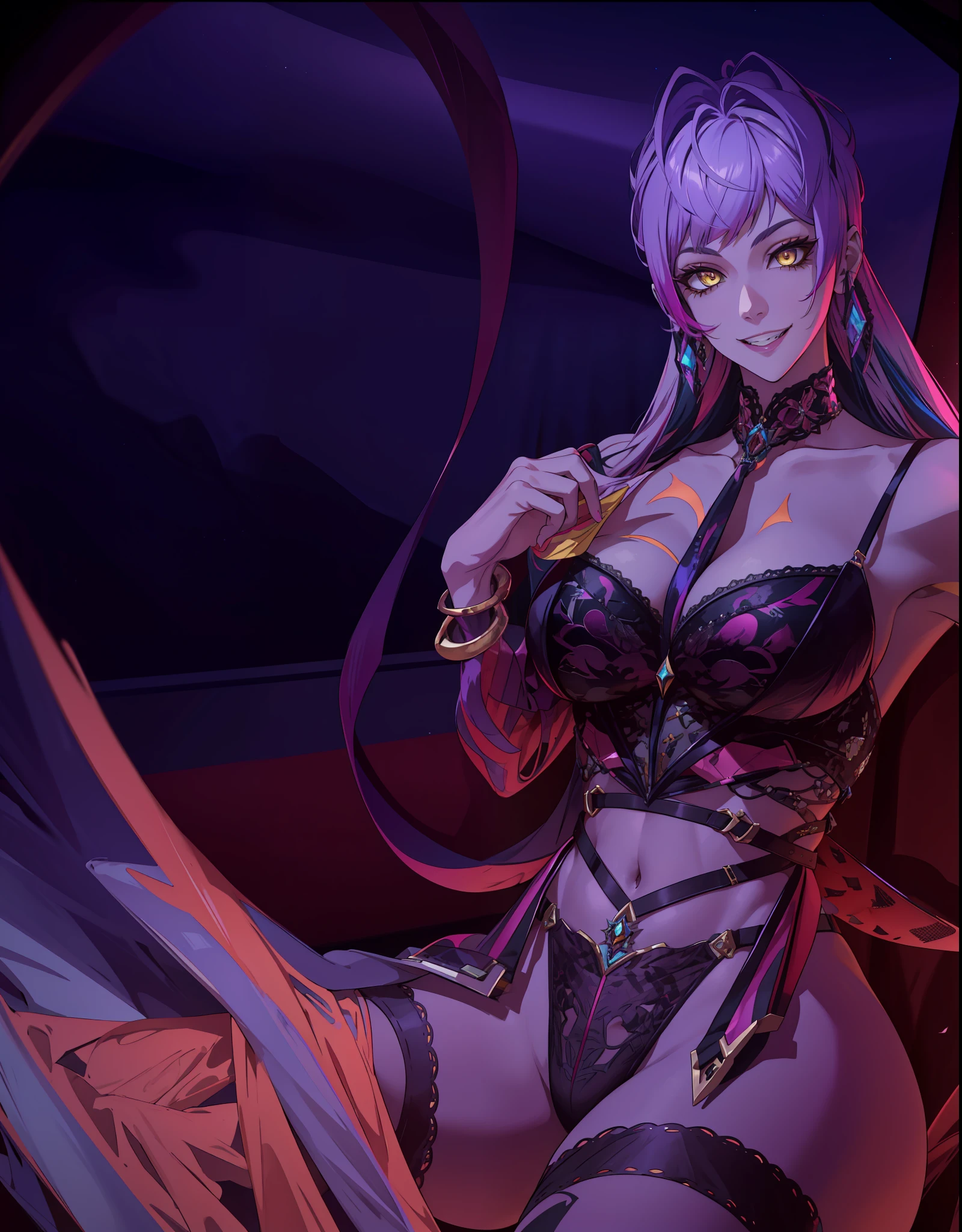 masterpiece, best quality, highres, Evelynn1, 1girl, solo, gray hair, k/da \(league of legends\), multicolored hair, yellow eyes, stylish hair, large breasts, busty body, micro bikini, smile, legs wide spread