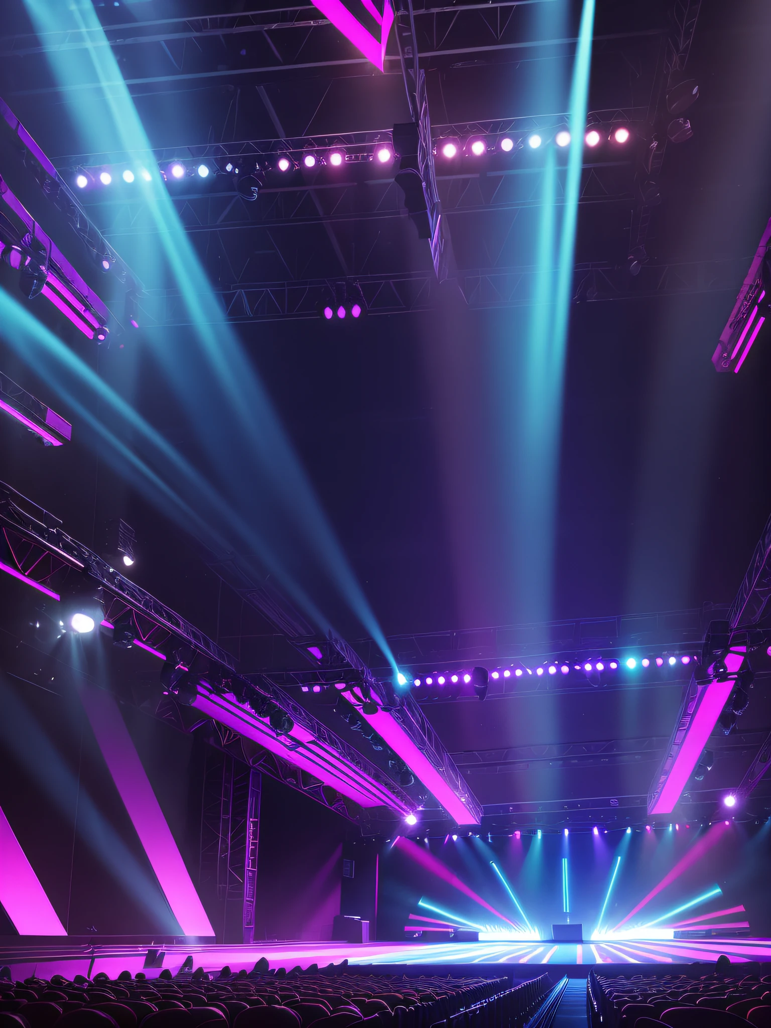 Stage with spotlights and neon lights, stage light, dark scenery, no people, high resolution image, straight image from the front, symmetrical scenery, render 8k high resolution --auto --s2