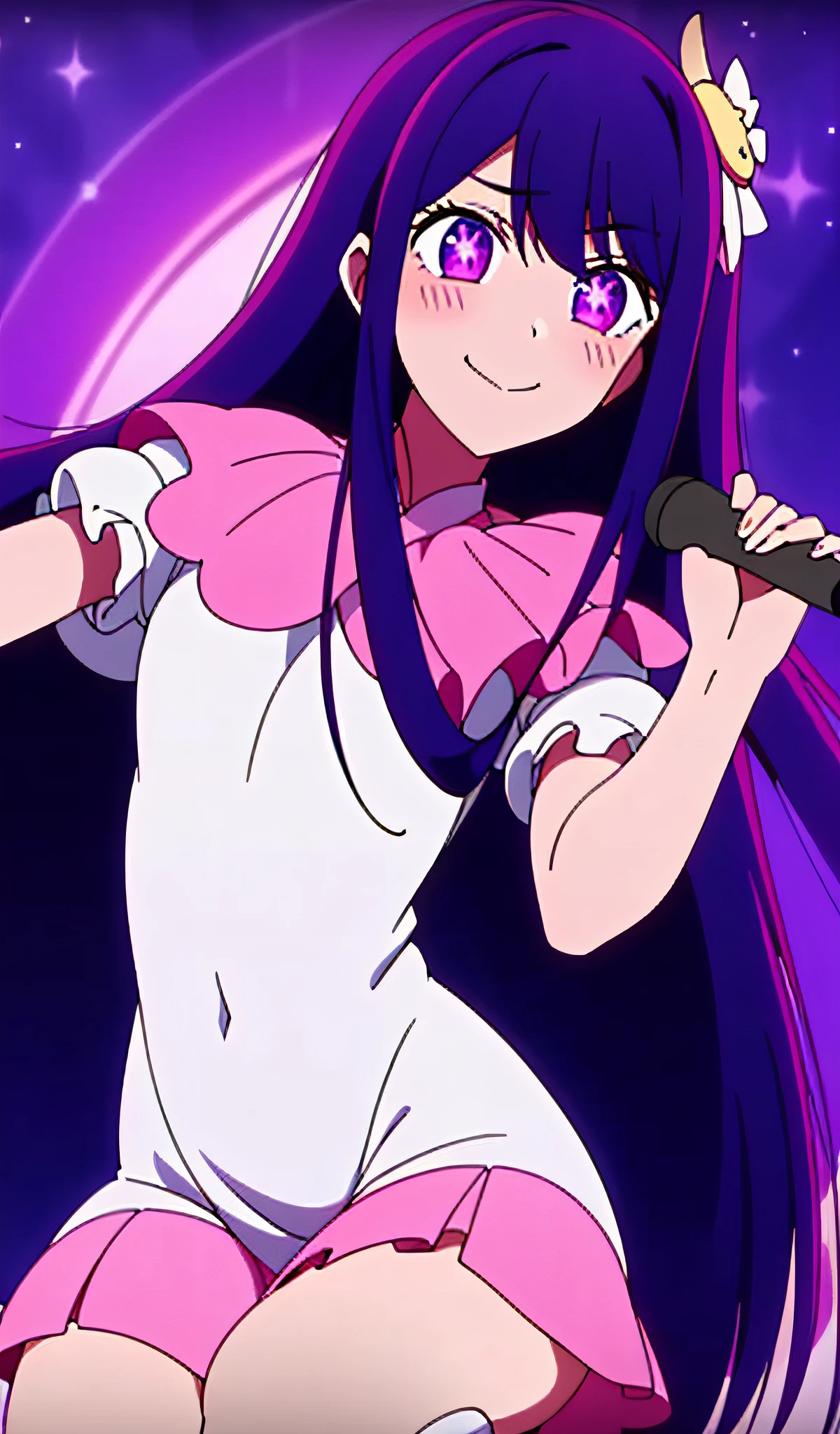 （1 Girl: 0.6) Ai Hoshino, girl with long hair holding a magic wand and purple dress, purple albedo, anime moe art style, (movie quality: 0.3), anime shoujo, singer, purple eyes, magical girl, zero sauce art, magical girl anime majo, white shirt, purple long hair, (stockings), (star pupil: 1.5), (delicate facial features: 0.6), head decoration, (delicate hands: 0.9), white dress, (big eyes: 0.5), smile, room, squat, high heels, (pattern decoration on head), normal head, (tall long legs: 0.8), (long purple hair: 0.5), (shawl scatter), (diamond shine: 0.9), (crouching), (bright smile: 0.9)