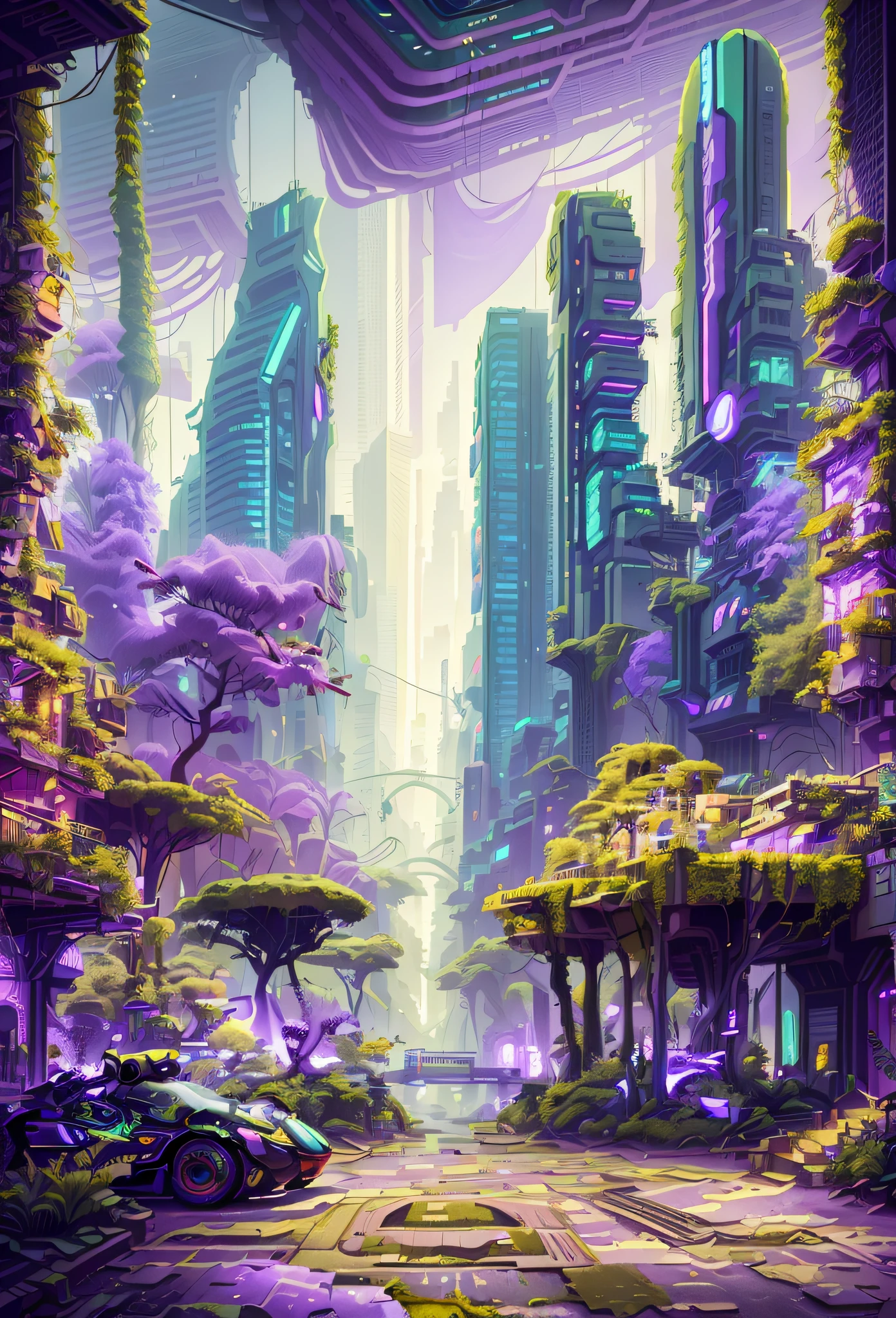 a view of a city with a lot of trees and bushes, cyberpunk garden, beautiful city of the future, purple future city, in fantasy sci - fi city, in a cyberpunk garden, utopian jungle in space, purple cyberpunk city, lush alien landscape, lush foliage cyberpunk, futuristic valley, an alien city, cyberpunk forest, cyberpunk dreamscape, cyberpunk in foliage