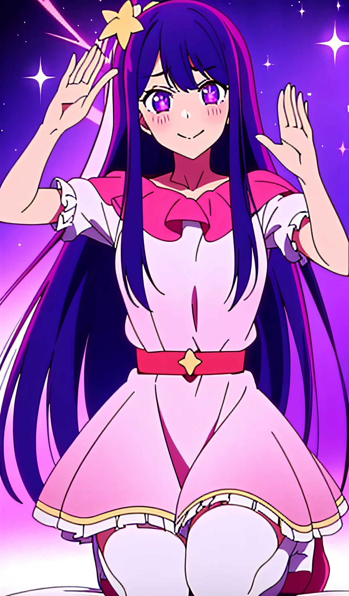 (1 Girl: 0.6) Ai Hoshino, girl with long hair holding a magic wand and purple dress, purple albedo, anime moe art style, (movie quality: 0.3), anime shoujo, singer, purple eyes, magical girl, zero sauce art, magical girl anime majo, white shirt, purple long hair, (stockings), (star pupil: 1.5), (delicate facial features: 0.6), head decoration, (delicate hands: 0.9), white dress, (big eyes: 0.5), smile, room, squat, high heels, (pattern decoration on head), normal head, (tall long legs: 0.8), (long purple hair: 0.5), (shawl scatter), (diamond shine: 0.9), (crouching), (bright smile: 0.9)