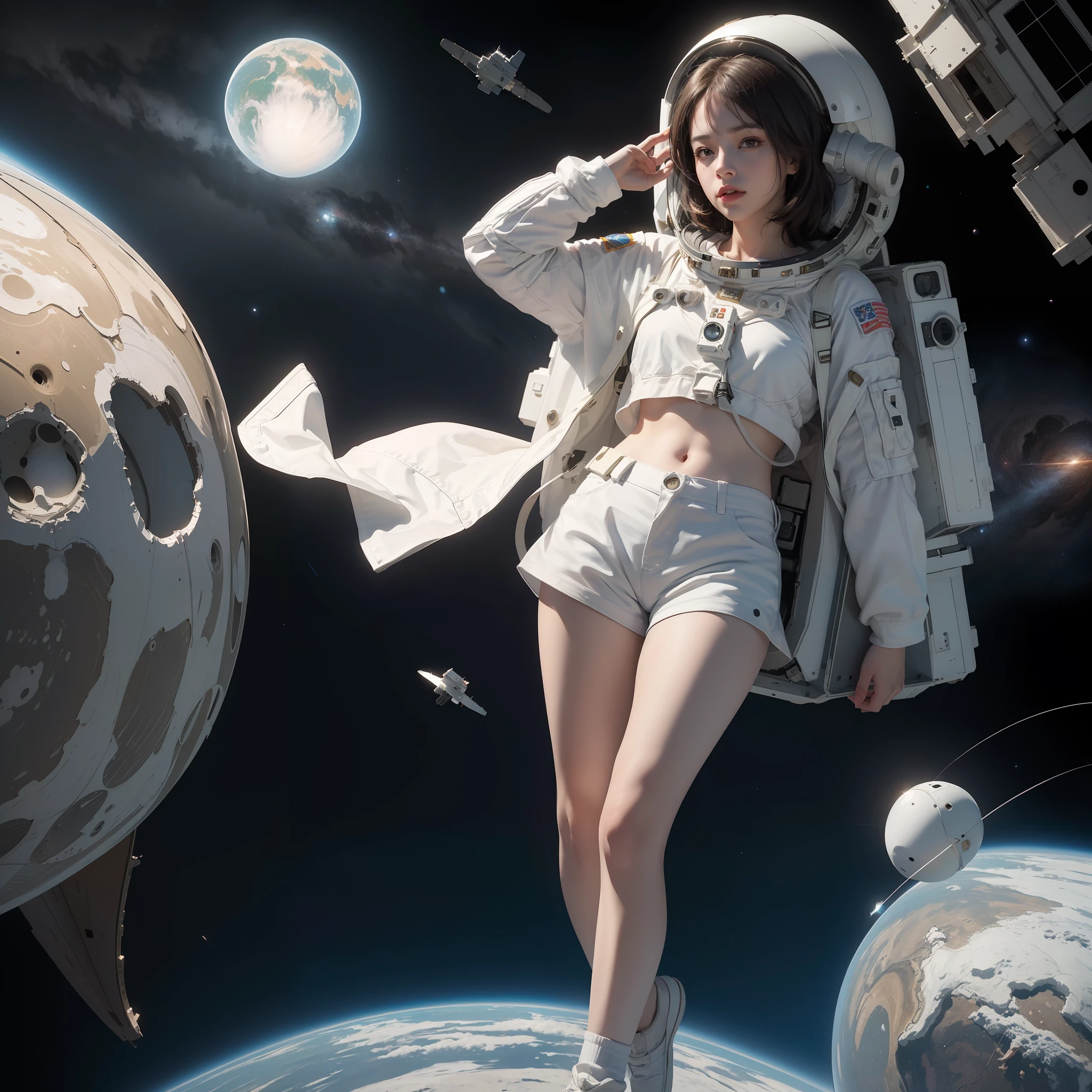(8k, RAW photo, best quality, masterpiece:1.2), (realistic, photo-realistic:1.37), (1girl, in the air), full body, deep depth of space, universe background, Mysterious planet,(white shirt, white shorts),1 planet,((Astronaut helmet,reflective)),