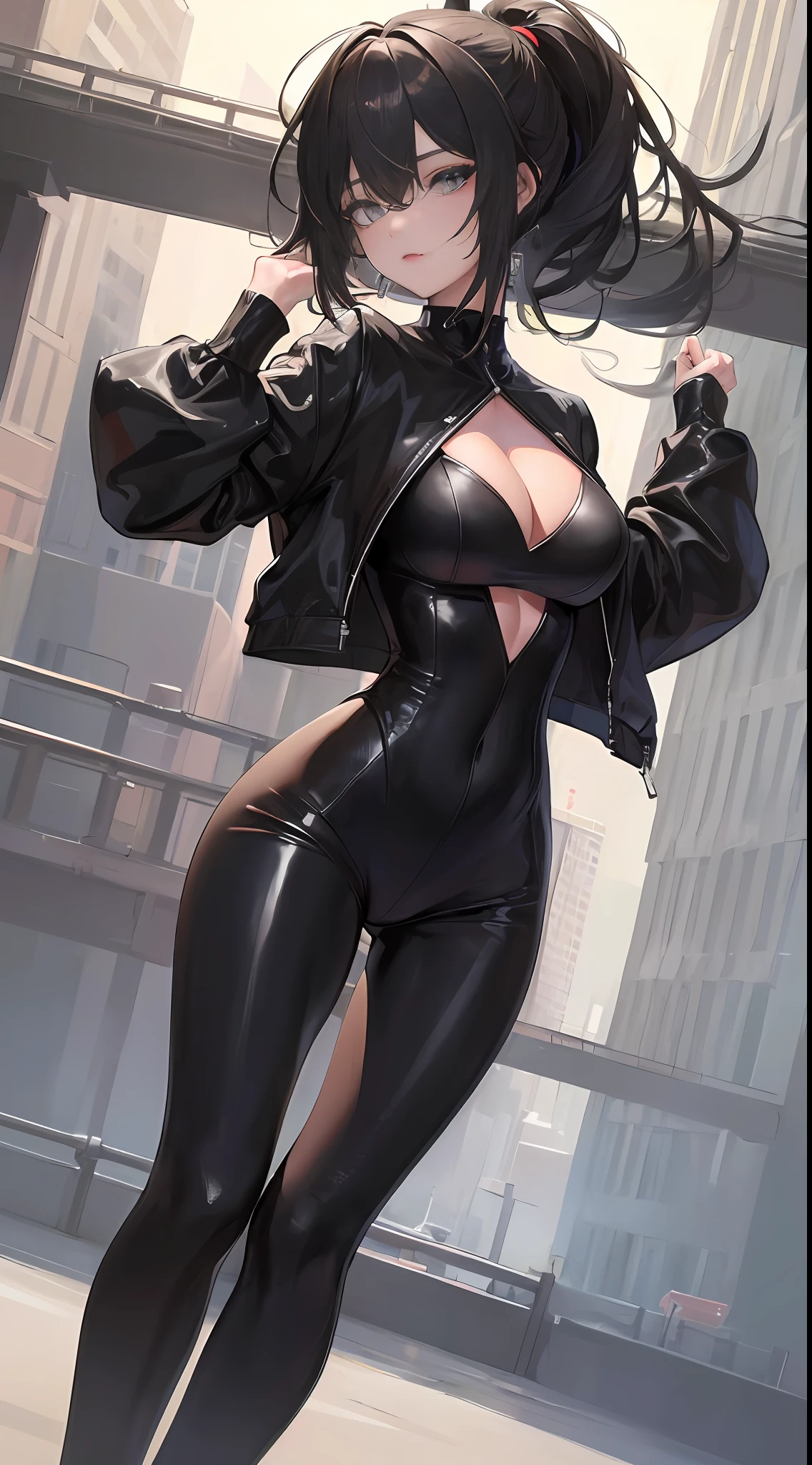 ((Top Quality, 8K, Masterpiece: 1.3)), Sharp Focus: 1.2, Cute Beauty with Perfect Figure: 1.4, Slim Big: 1.2, ((Black Casual Hairstyle, Big: 1.2, Big: 1.2)), (Black Rubber Racing Suit), (Semi-, Ecstatic, Standing: 1.2, Sexyse), (Exposed Cleavagmple Cityscape: 1.3 created mainly in women)), very detailed face and skin texture, fine eyes, double eyelids,