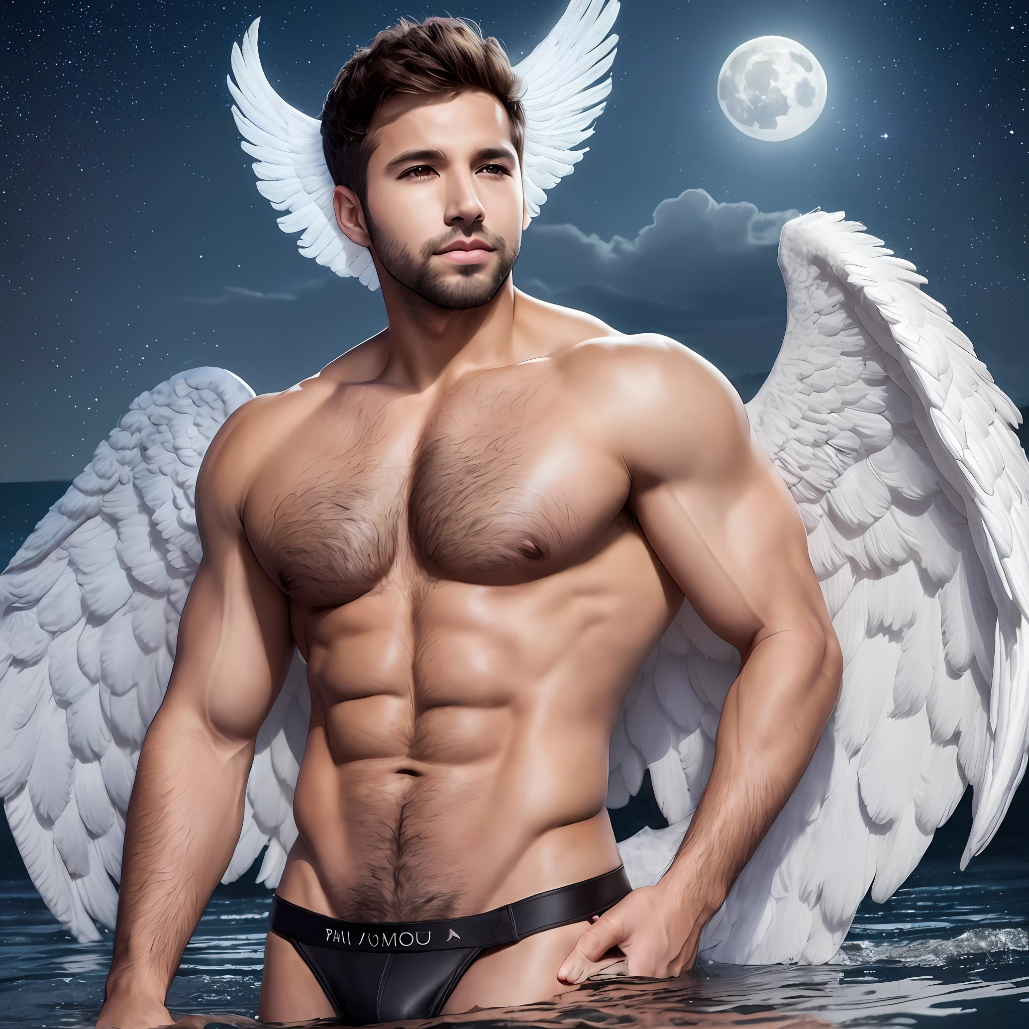 Handsome Pablo alboran 25 year old. (((Large angel wings on the back))) Dark blond hair. Big muscle, standing on a quiet lake on a full moon night