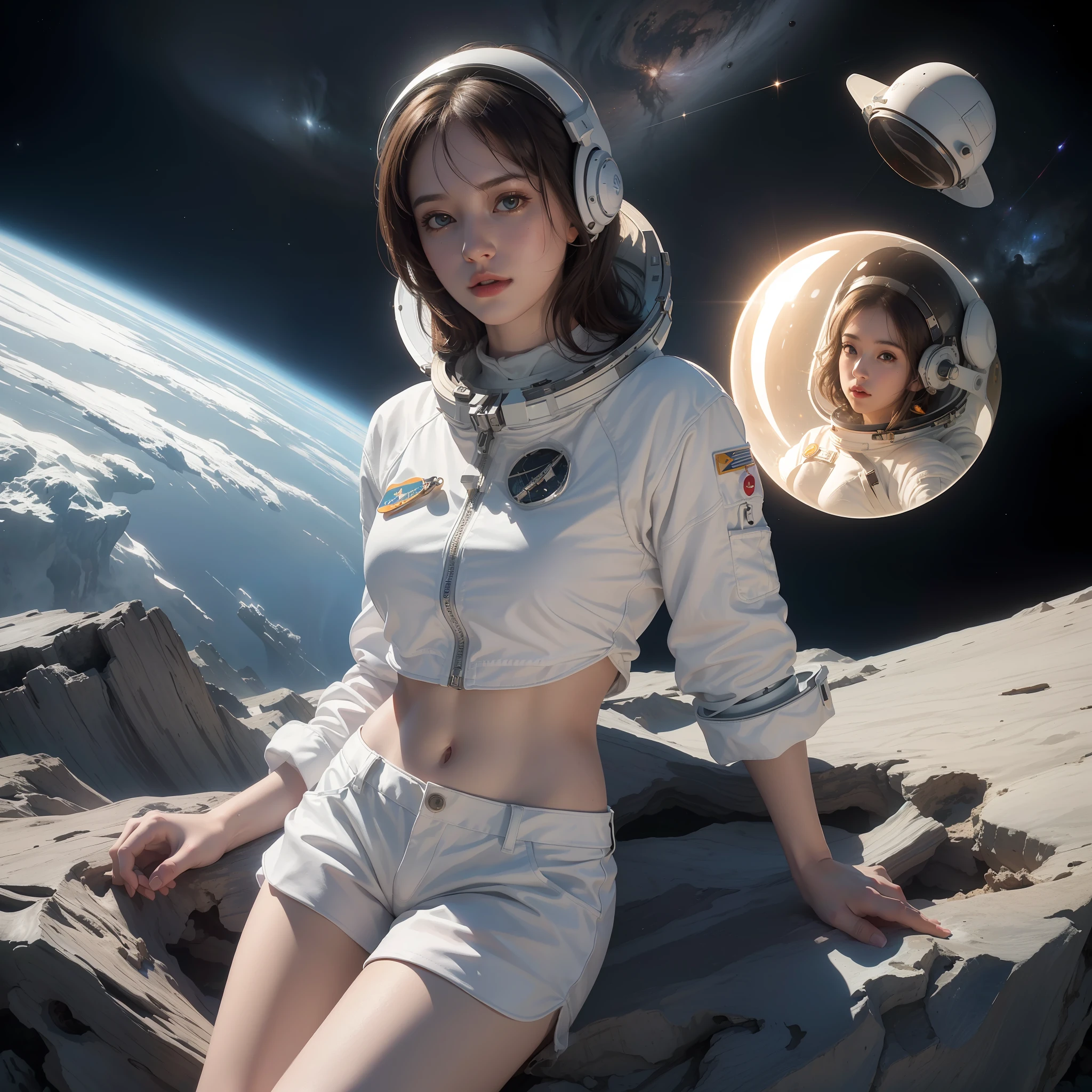(8k, RAW photo, best quality, masterpiece:1.2), (realistic, photo-realistic:1.37), (1girl, in the air), full body, deep depth of space, universe background, Mysterious planet,(white shirt, white shorts),1 planet,((Astronaut helmet,reflective)),