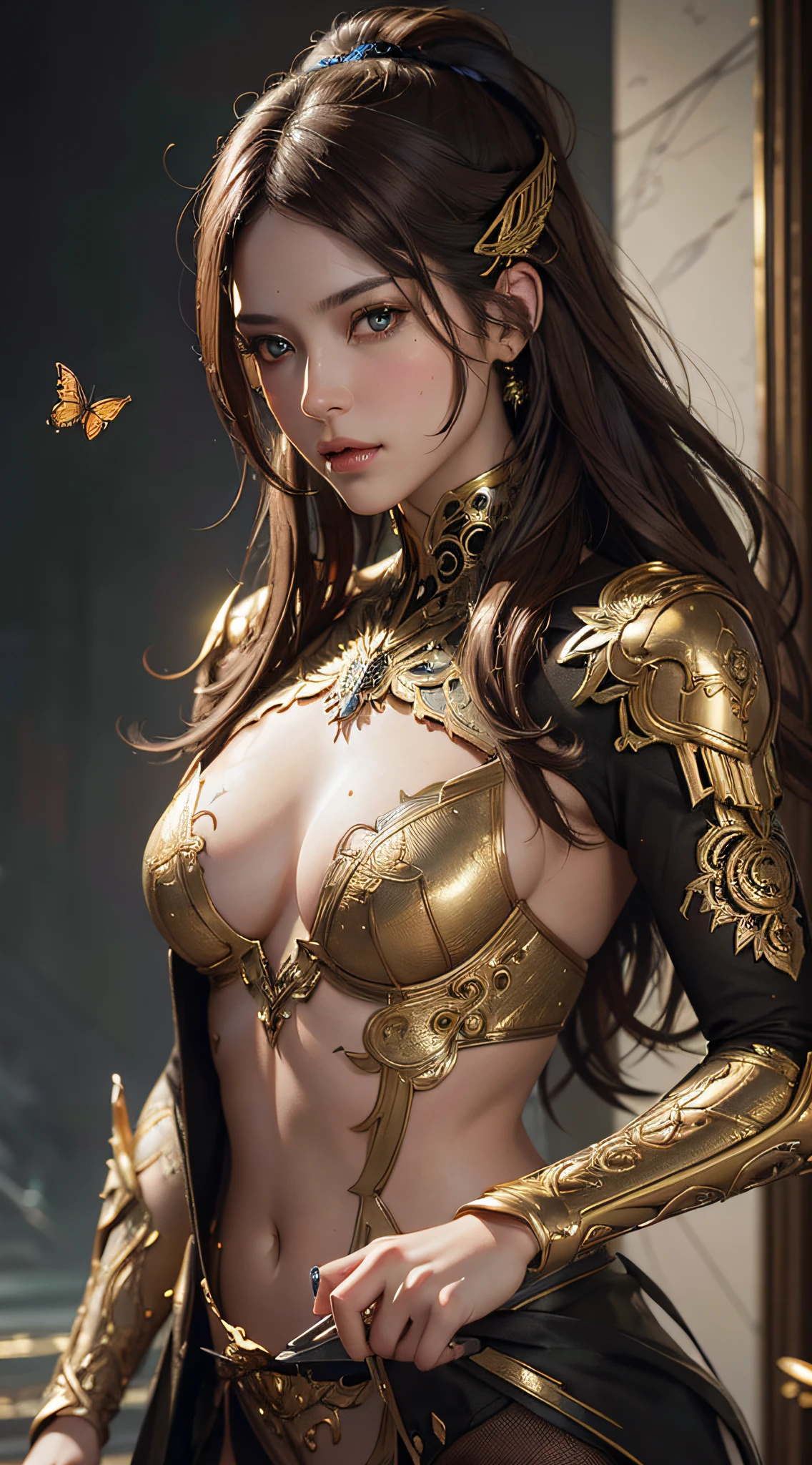 8k portrait of beautiful cyborg with brown hair, intricate, elegant, highly detailed, majestic, digital photography, art by artgerm and ruan jia and greg rutkowski surreal painting gold butterfly filigree, broken glass, (masterpiece, sidelighting, finely detailed beautiful eyes: 1.2), hdr,