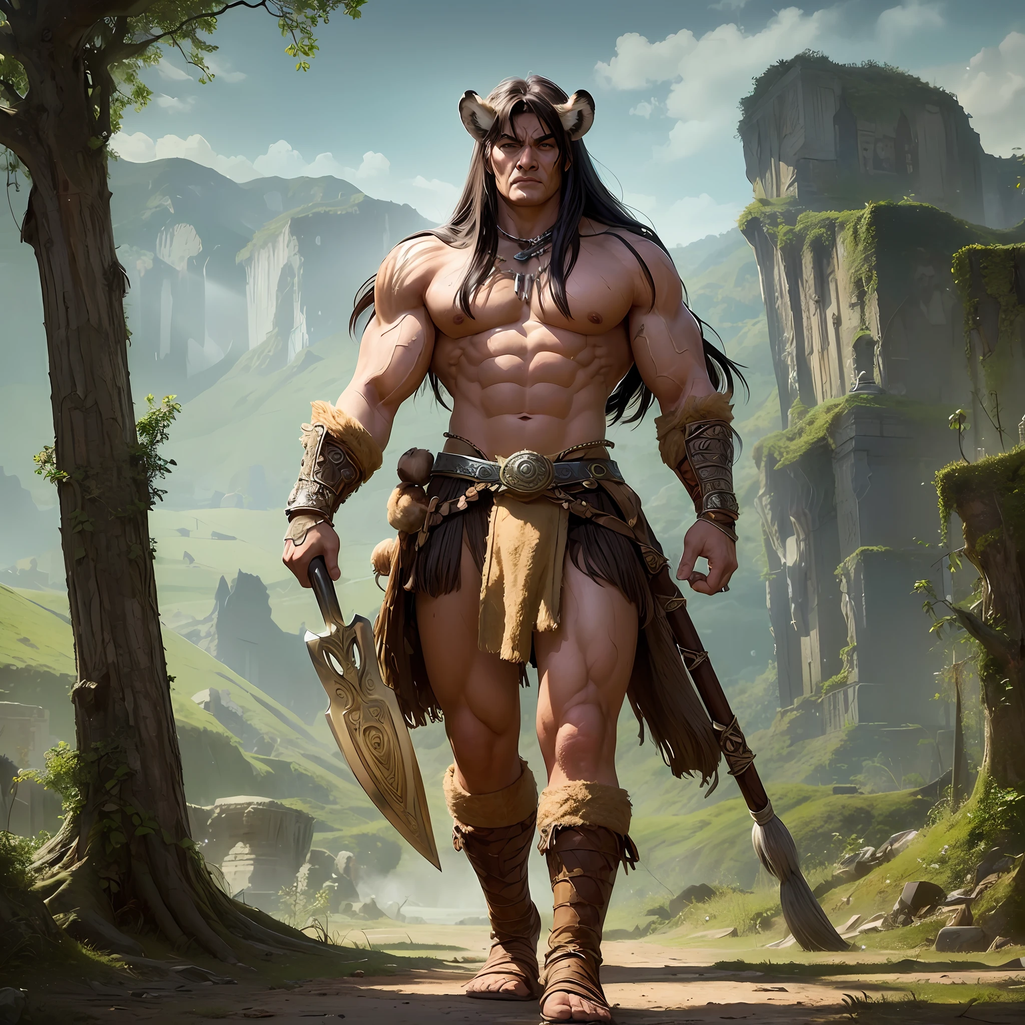 ((Best Quality)), ((Masterpiece)), (detailed), Conan the Barbarian stands tall in an ancient lost city. Perfect figure with clear silhouette, replacement background, lush woods, there is a tiger, the tiger has a fierce demeanor.