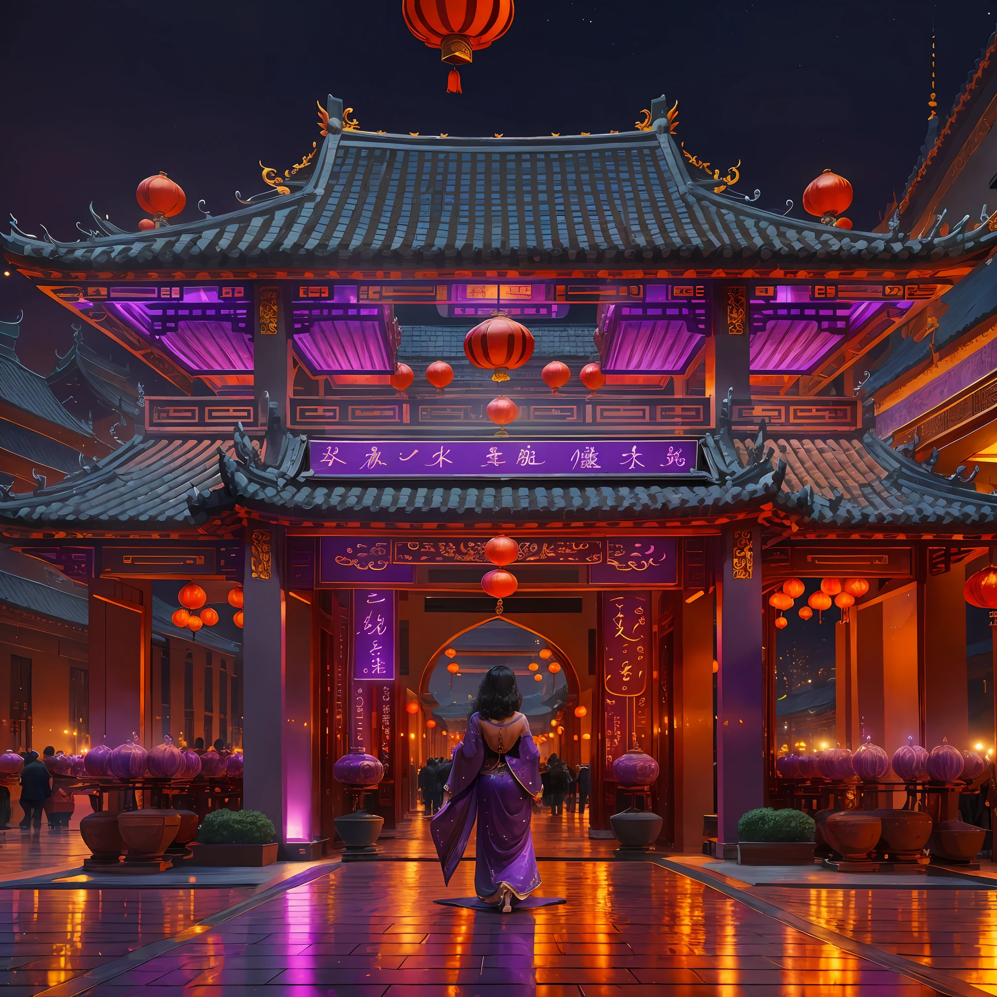 People walk in front of the hotel at night with purple lights, and a person stands in front of A, peaceful, grand! , Exquisite details, extremely delicate beauty, super detailed, highly detailed, extremely detailed eyes and face, full body, black hair, super long hair, grinning, sexy, double breasts, dynamic angle, dynamic pose, outdoor, Chinese style architecture, high color saturation --auto --s2