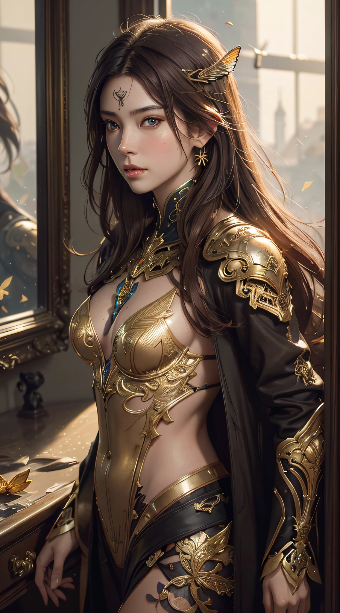 8k portrait of beautiful cyborg with brown hair, intricate, elegant, highly detailed, majestic, digital photography, art by artgerm and ruan jia and greg rutkowski surreal painting gold butterfly filigree, broken glass, (masterpiece, sidelighting, finely detailed beautiful eyes: 1.2), hdr,