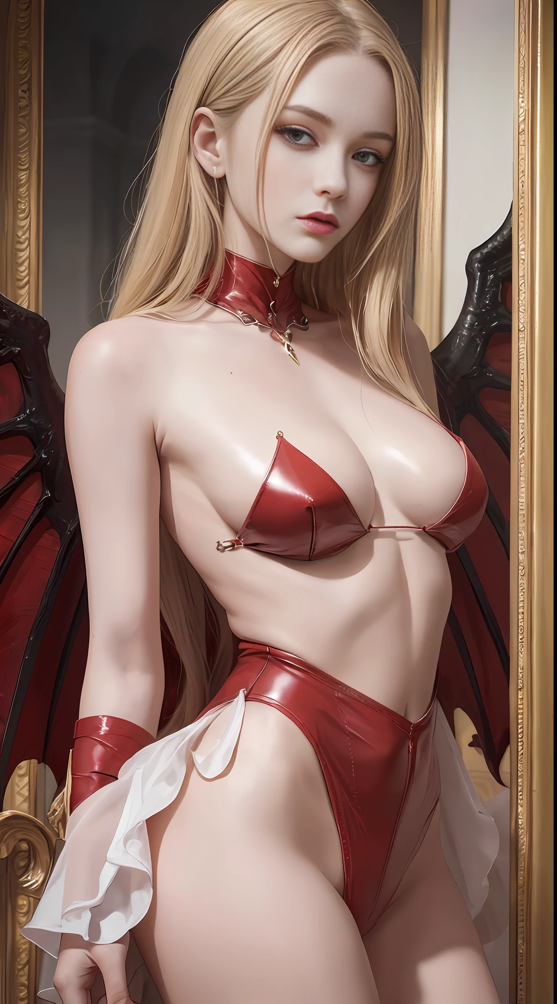Master painting, 8K quality, master painting, 8K quality, small breast, demon wings, delicate eye portrayal, delicate facial features portrayal, delicate body portrayal, delicate makeup depiction, red leather coat, long blonde hair, slender body, open chest, long legs, ((exposed)) ((injured)) red blood on the body, gorgeous jewelry