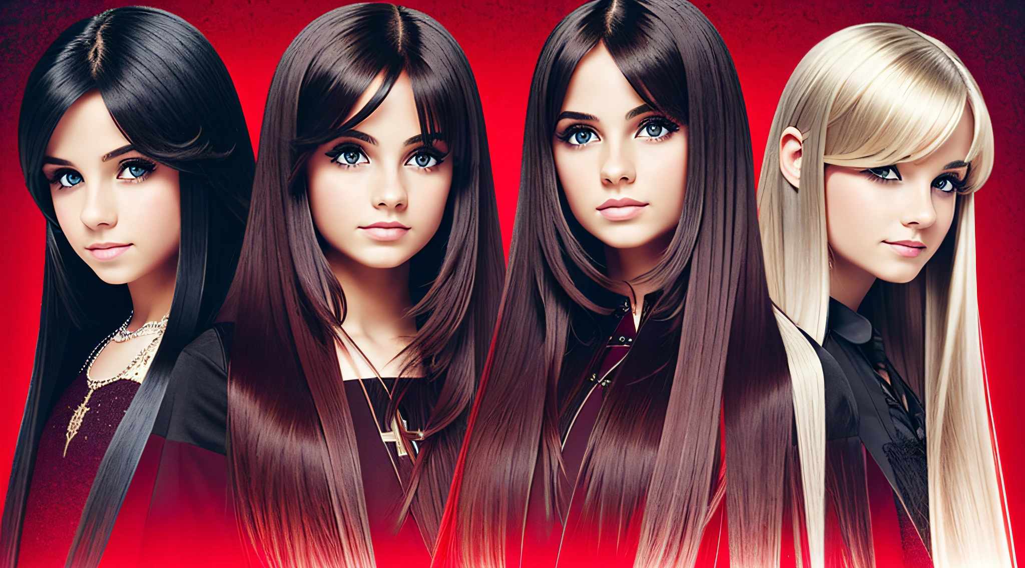GIRLS CHILDREN, BLONDES WITH VERY LONG STRAIGHT HAIR GOTHS, WITH CROSSES AND RED BACKGROUND.