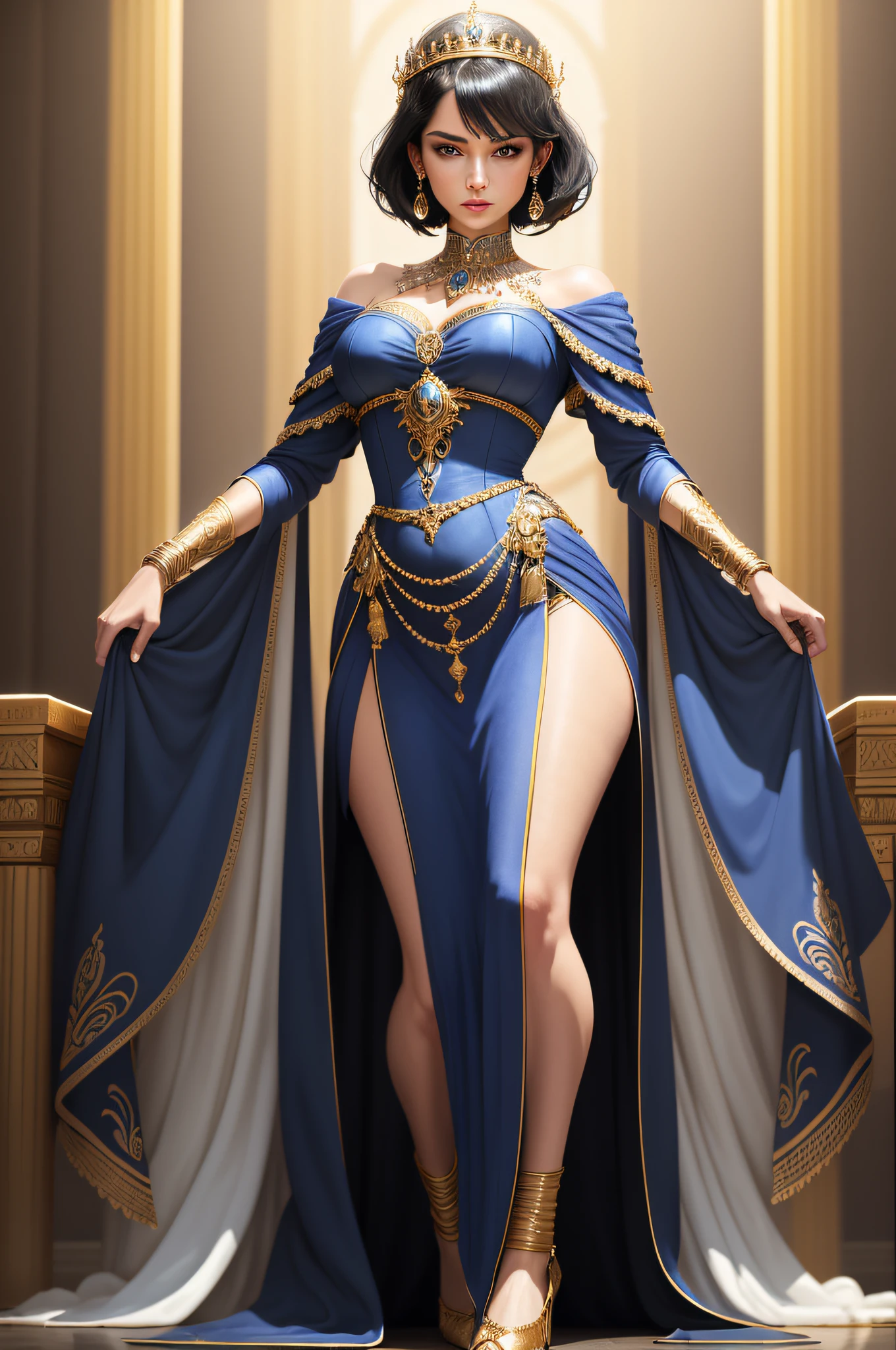 (masterpiece, best quality), beautiful queen, sultry face, 1lady, solo, elaborate short white and blue dress, short black hair, brown eyes, elaborate throne room, gold bracelets, small breasts, narrow hips, standing, blue high heels, Greek Goddess
