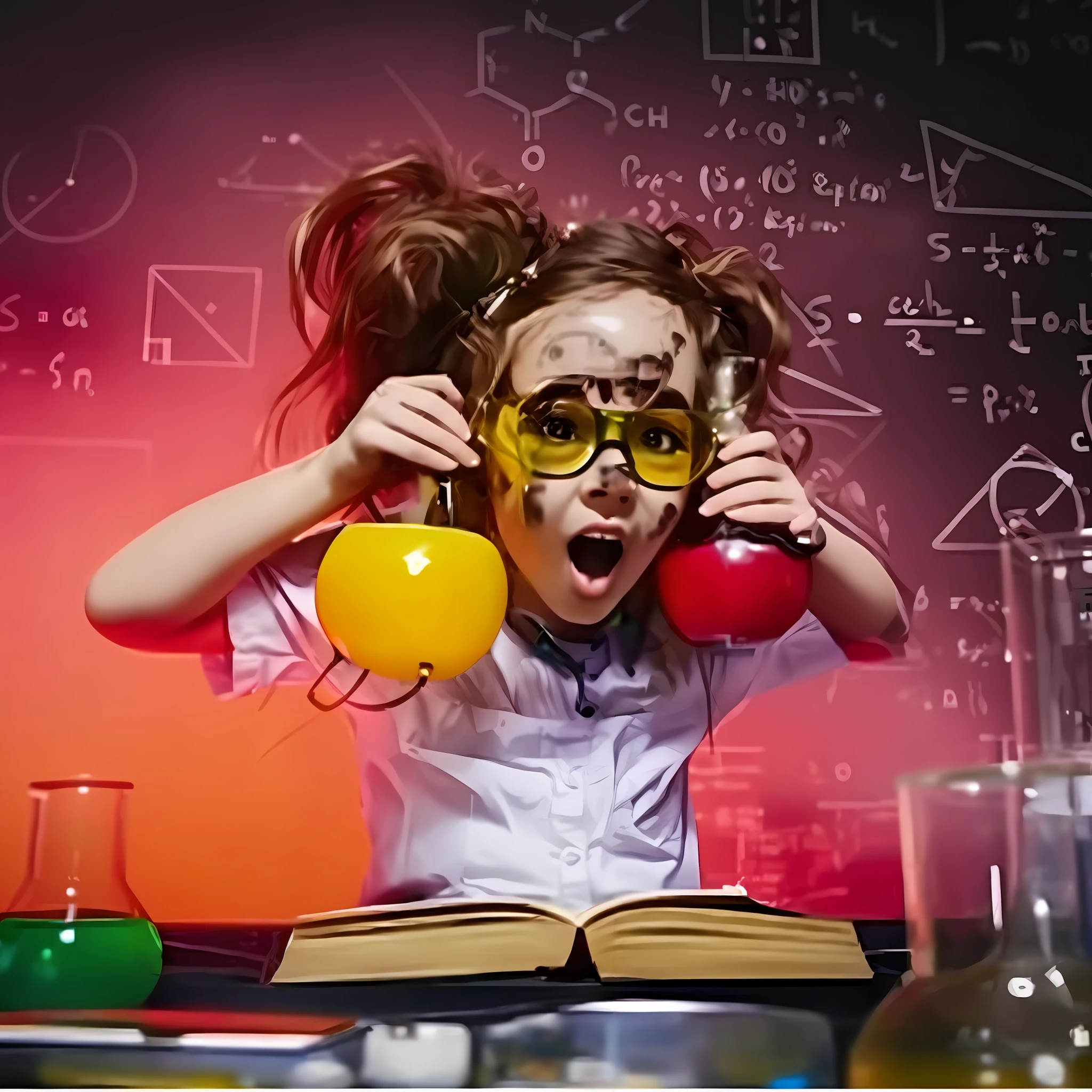 arafed girl in glasses holding a book and an apple in front of her face, experimenting in her science lab, mad scientist working, chemistry, mad scientist, working in her science lab, chemisty, science, scientific, experiment, science lab, awful experiments, scientific photo, scientific research, experiment in laboratory, advertising photo, experiments, scientific study, experimental