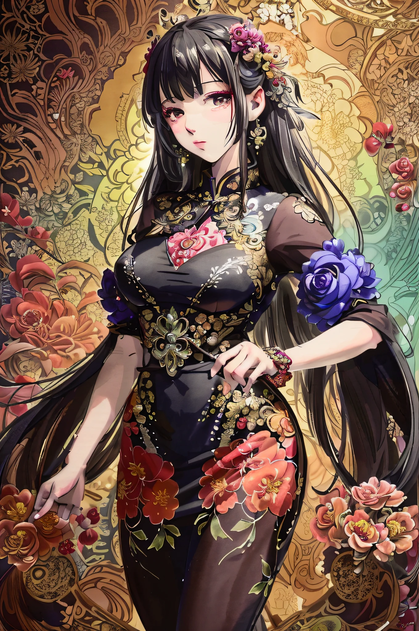 anime girl in a black dress with flowers in her hair, beautiful alluring anime woman, by Yang J, beautiful character painting, a beautiful fantasy empress, ((a beautiful fantasy empress)), beautiful anime woman, detailed digital anime art, extremely detailed artgerm, 8k high quality detailed art, cheongsam, chinese dress, artwork in the style of guweiz
