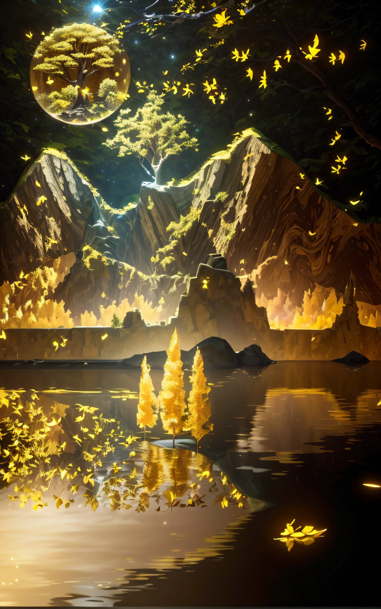 Masterpiece, best quality, extremely beautiful reflection, best reflection. (Very detailed CG unity 8k wallpaper), (best quality), (best illustration), (best shadow), forest theme with natural elements. Tall trees, quiet stream, surrounded by delicate leaves and branches, and fireflies and glowing particle effects, (natural elements), (jungle theme), (leaves), (branches), (fireflies), elk, a herd of fawn running through the forest, (delicate leaves), (glow), (particle effects). , isometric 3D, Octane rendering, ray tracing, super detailed
, stone, glass and gold, cut-out collage artwork, touch of gold leaf, abstract natural landscapes, contemporary collage, in surreal dreamscapes, baroque marble and gold in space, gold leaf art, gold leaf painting, majestic landscapes, marble and suggestive gold