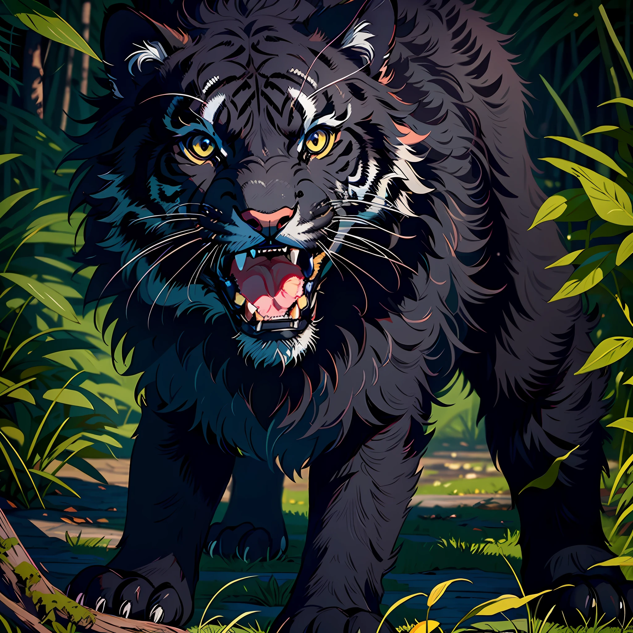 A black tiger cub, open its mouth, showing its fangs, mighty and domineering, forest, full body photo, (with all black fur and delicate fur),
