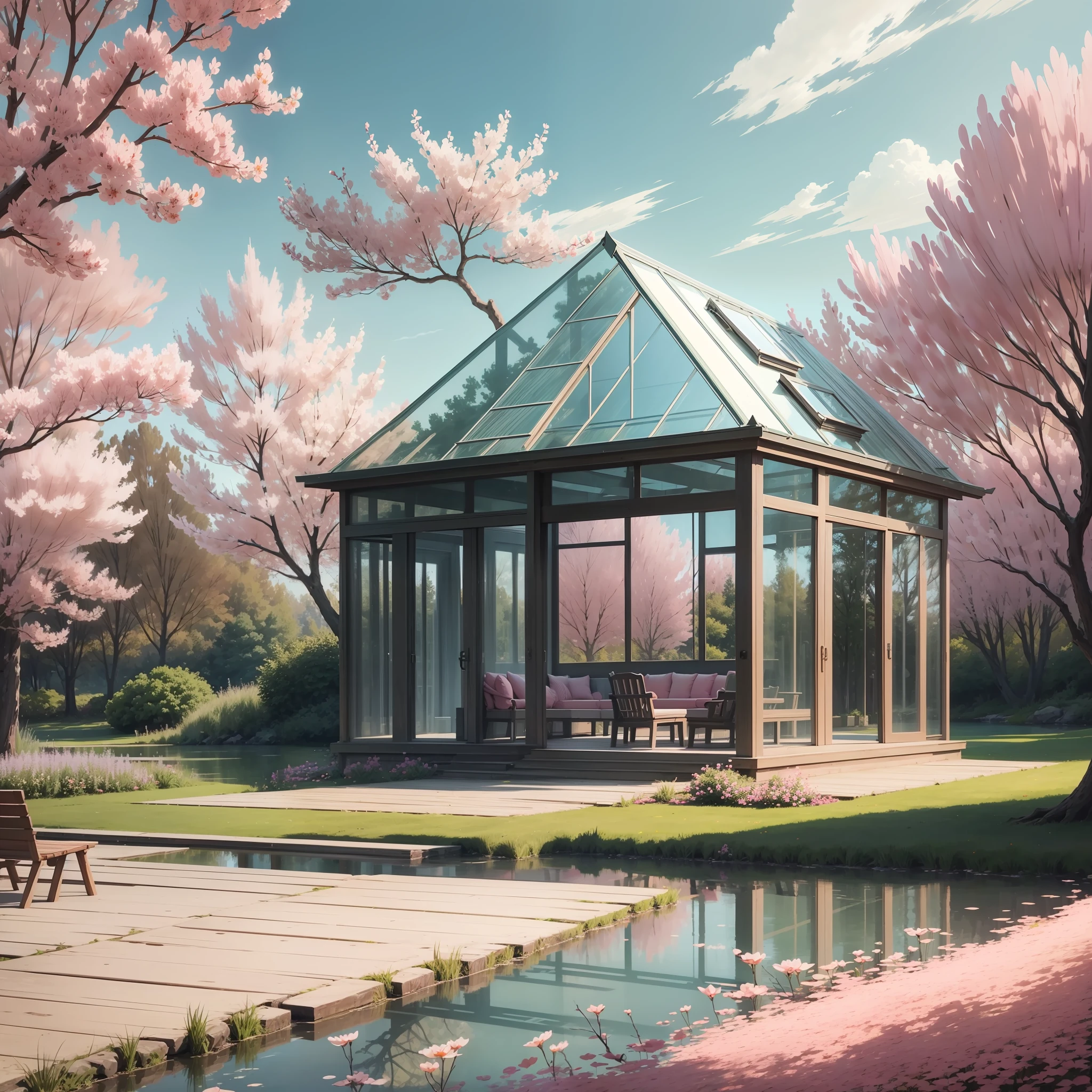 glass house on a lake similar to the one in the american movie "the lake house" during a spring day with sun and light pink peach flowers on the trees --auto --s2