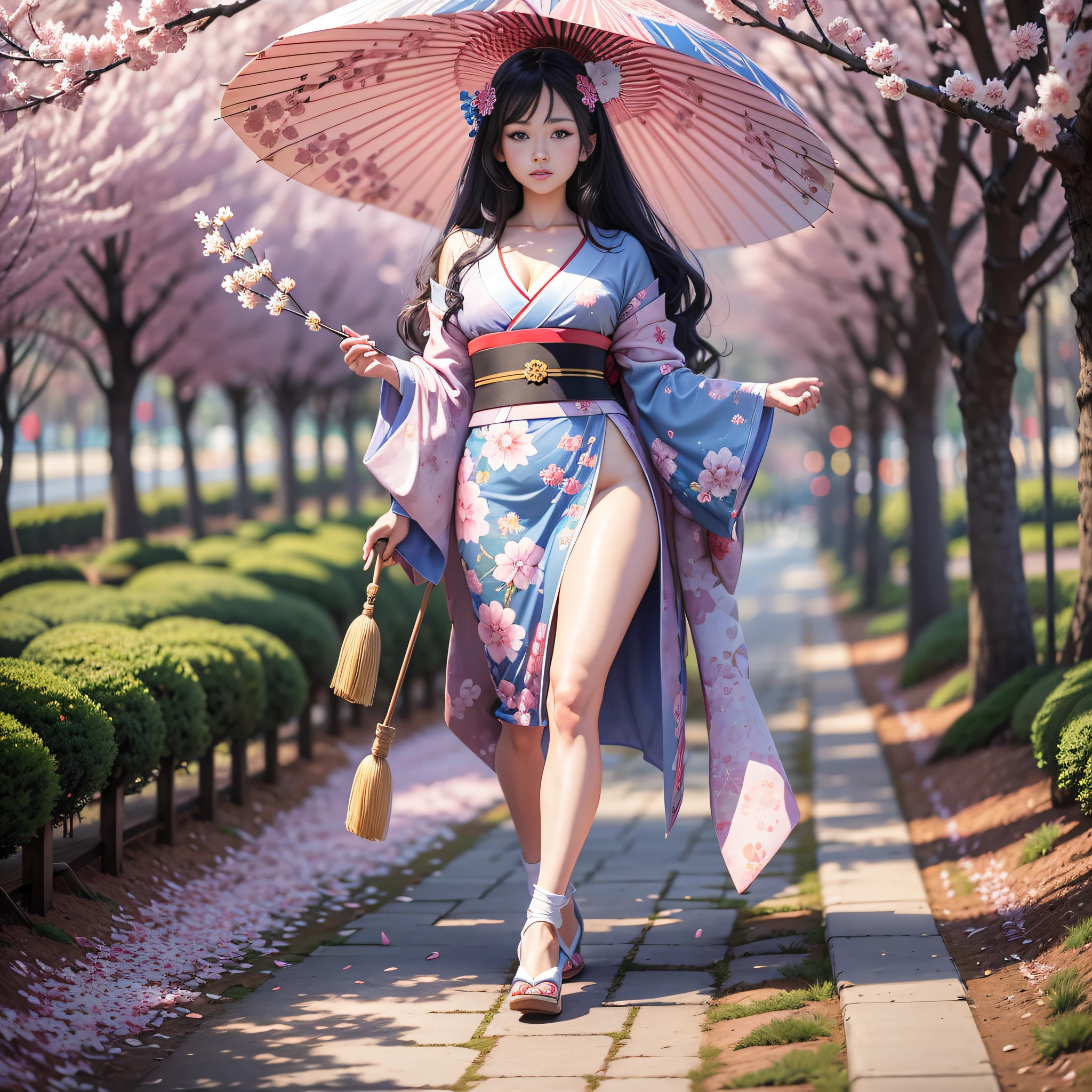 full body,full shot,sfw,beautiful russian girl in the image of a geisha with big bright blue eyes and long fluffy eyelashes Nordic type with a perfect graceful figure and very long and fluffy wavy hair of wheat colour stands in full growth on the avenue on the background of flowering Japanese pink sakura in Japanese kimono and Japanese gete shoes, the girl kimono transparent, through it transpires small breasts with bulging, girl is holding a white sun umbrella, the ground on which the girl is standing is often strewn with sakura petals, the scene is highly artistic, high detail, clear focus, Migjorni V5 style, hyperphotorealism, perfect proportions, golden ratio, Leonardo Davinci style, Jerry Gionis style, backlight, outline, sunlight, soft foreglow, soft focus, Photo Monocle style. - --auto --s2