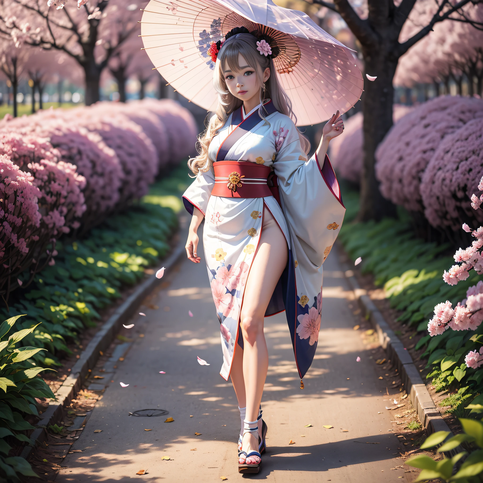 full body,full shot,sfw,beautiful russian girl in the image of a geisha with big bright blue eyes and long fluffy eyelashes Nordic type with a perfect graceful figure and very long and fluffy wavy hair of wheat colour stands in full growth on the avenue on the background of flowering Japanese pink sakura in Japanese kimono and Japanese gete shoes, the girl kimono transparent, through it transpires small breasts with bulging, girl is holding a white sun umbrella, the ground on which the girl is standing is often strewn with sakura petals, the scene is highly artistic, high detail, clear focus, Migjorni V5 style, hyperphotorealism, perfect proportions, golden ratio, Leonardo Davinci style, Jerry Gionis style, backlight, outline, sunlight, soft foreglow, soft focus, Photo Monocle style. - --auto --s2