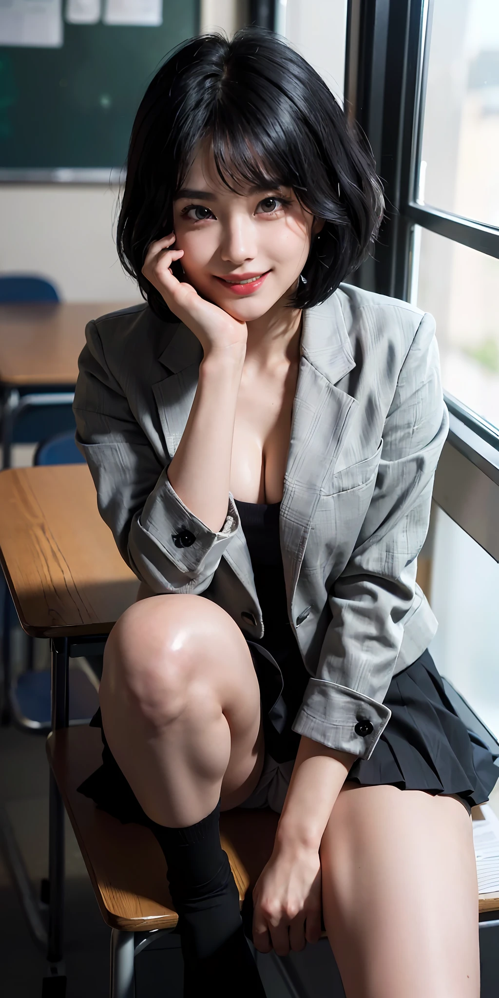 ((8k, RAW photos, top quality, masterpieces), high-definition RAW color photos professional close-up photos, (realistic, photorealism: 1.37), (highest quality), (best shadows), (best illustrations), collarbones ((big)), ((erotic, sexy, ultra high resolution, high-definition CG unified 8K wallpapers, physically based rendering, movie lighting), (aegyo sal:1), 18 year old girl, (grey blazer, ribbon, socks, high school uniform: 1.2), high school classroom, beautiful detail eyes, light on the face, ((full body shot: 1.2)), especially strong light, (upper eyes, grinning smile:1.2),shiny skin, (((black hair, bob hair:1.2))), ( thick thighs), ulzzang-6500-v1.1:0.2, shy, (flash:1.2), NSFW, (puffy), ((seductive posture: 1.2, attractive: 1.2)), (idle), ((sitting at a desk in classroom: 1.2)), ((good anatomy: 1.2)), ((bright and refreshing classroom, background blurred: 1.2)), perfect face, pretty face, (high angle shot: 1.2), skirt twisted, underwear peeking, bewitching pose, crotch open, attractive legs, legs open
