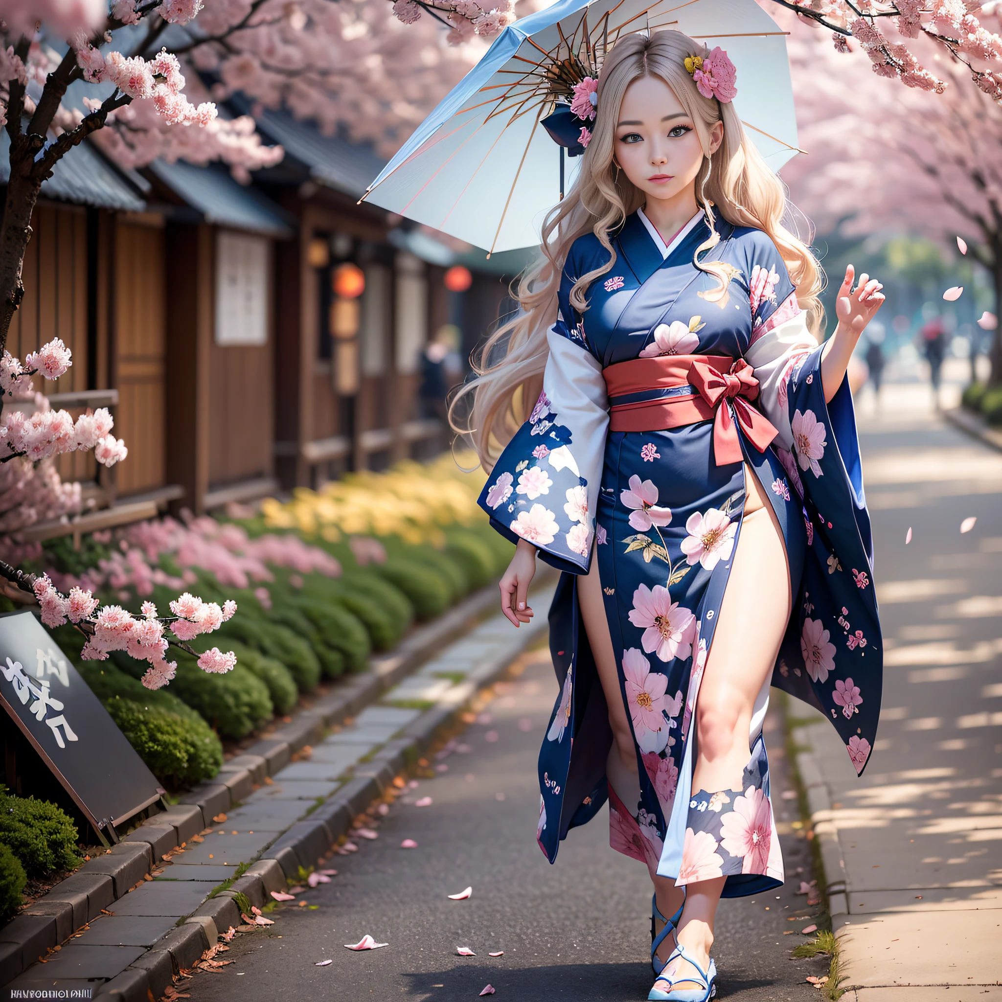 full body,full shot,sfw,beautiful russian girl in the image of a geisha with big bright blue eyes and long fluffy eyelashes Nordic type with a perfect graceful figure and very long and fluffy wavy hair of wheat colour stands in full growth on the avenue on the background of flowering Japanese pink sakura in Japanese kimono and Japanese gete shoes, the girl kimono transparent, through it transpires small breasts with bulging, girl is holding a white sun umbrella, the ground on which the girl is standing is often strewn with sakura petals, the scene is highly artistic, high detail, clear focus, Migjorni V5 style, hyperphotorealism, perfect proportions, golden ratio, Leonardo Davinci style, Jerry Gionis style, backlight, outline, sunlight, soft foreglow, soft focus, Photo Monocle style. - --auto --s2
