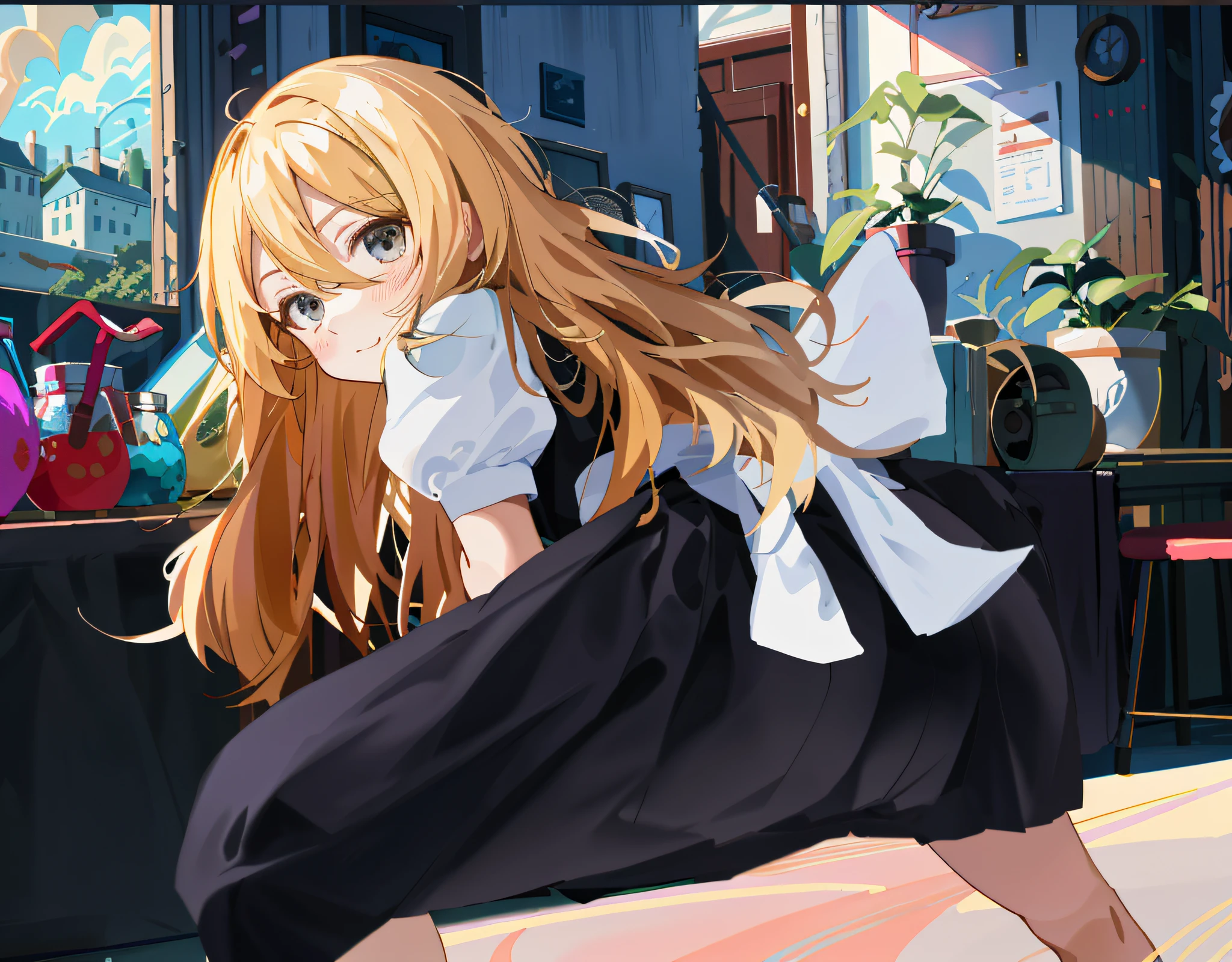 Anime girl in a room with long blonde hair and black dress, in dress, beautiful anime girl squat, anime girl squat, blonde anime girl long hair, smooth anime CG art, seductive anime girl, anime moe art style, anime girl in black dress, drawing in anime painter studio, small curve loliime best girl, pleated skirt, ass curve, skirt, black skirt, masterpiece, masterpiece, skirt close to the skin