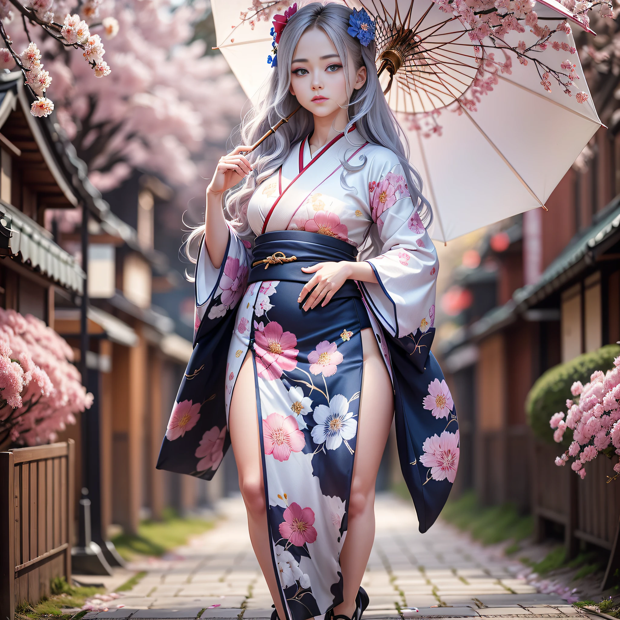 full body,full shot,sfw,beautiful russian girl in the image of a geisha with big bright blue eyes and long fluffy eyelashes Nordic type with a perfect graceful figure and very long and fluffy wavy hair of wheat colour stands in full growth on the avenue on the background of flowering Japanese pink sakura in Japanese kimono and Japanese gete shoes, the girl kimono transparent, through it transpires small breasts with bulging, girl is holding a white sun umbrella, the ground on which the girl is standing is often strewn with sakura petals, the scene is highly artistic, high detail, clear focus, Migjorni V5 style, hyperphotorealism, perfect proportions, golden ratio, Leonardo Davinci style, Jerry Gionis style, backlight, outline, sunlight, soft foreglow, soft focus, Photo Monocle style.  - --auto --s2