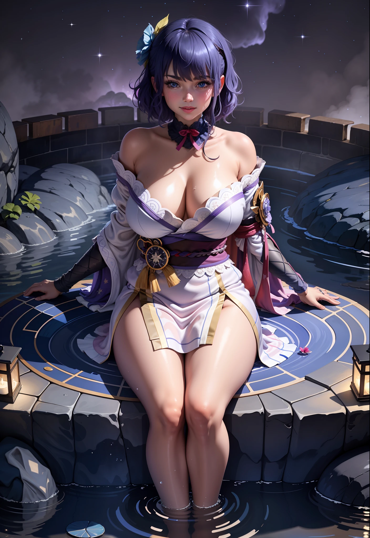 8k, at night, hot springs, starry, water steaming, a woman	
Man, plump fleshy, lilac slightly curly short hair, blue eyes, white lace dress, one hand supporting the shore, one hand pulling the bath towel on the chest, one leg in the water, one leg straddling the shore, reddish complexion, sticking out his tongue, mischievous expression, bath towel soaked and attached to the body,