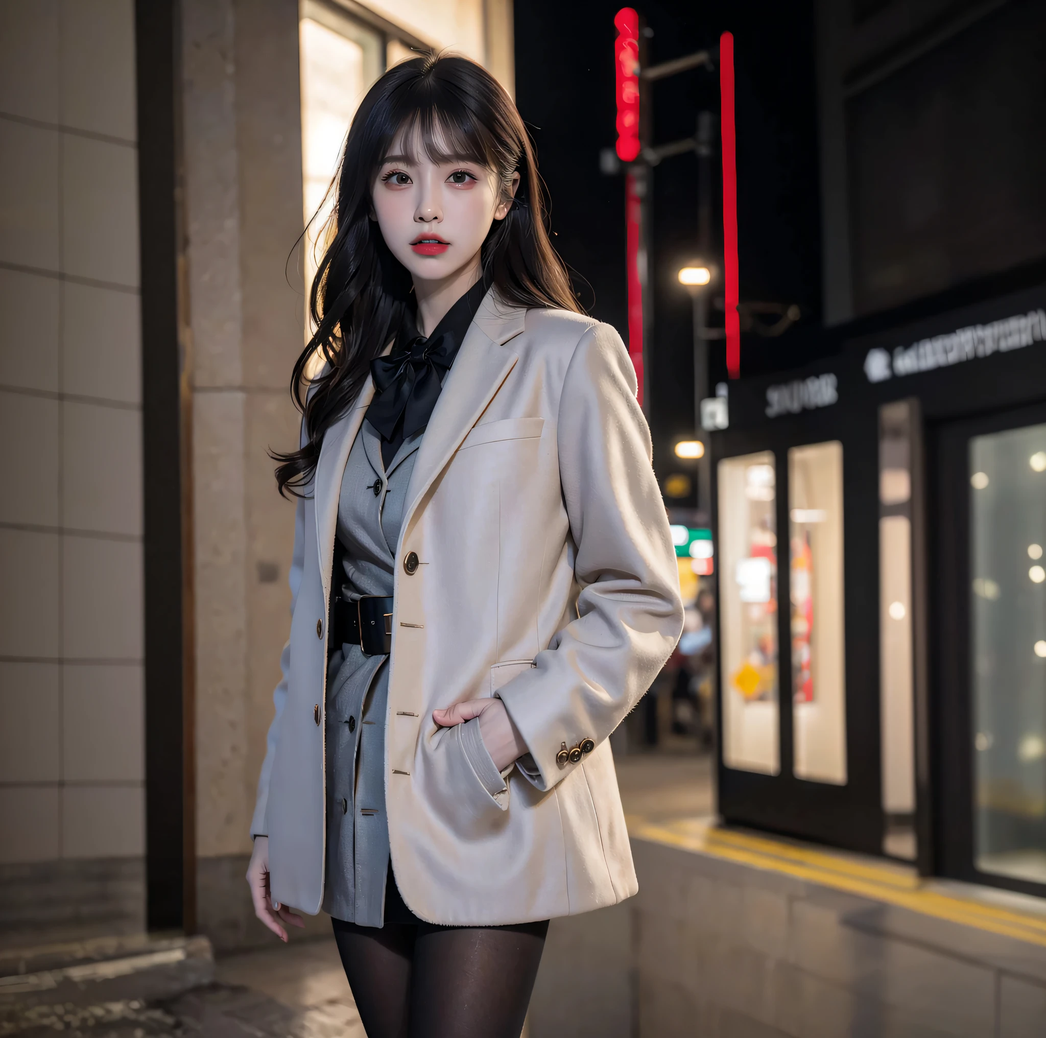 araffe woman in a gray coat and black tights standing on a sidewalk, trench coat and suit, wearing fashion suit, wearing jacket and skirt, girl in a suit, girl in suit, short skirt and a long jacket, wearing a leather trench coat, luxurious suit, korean women's fashion model, 2 0 2 0 fashion, high quality suit, elegant style