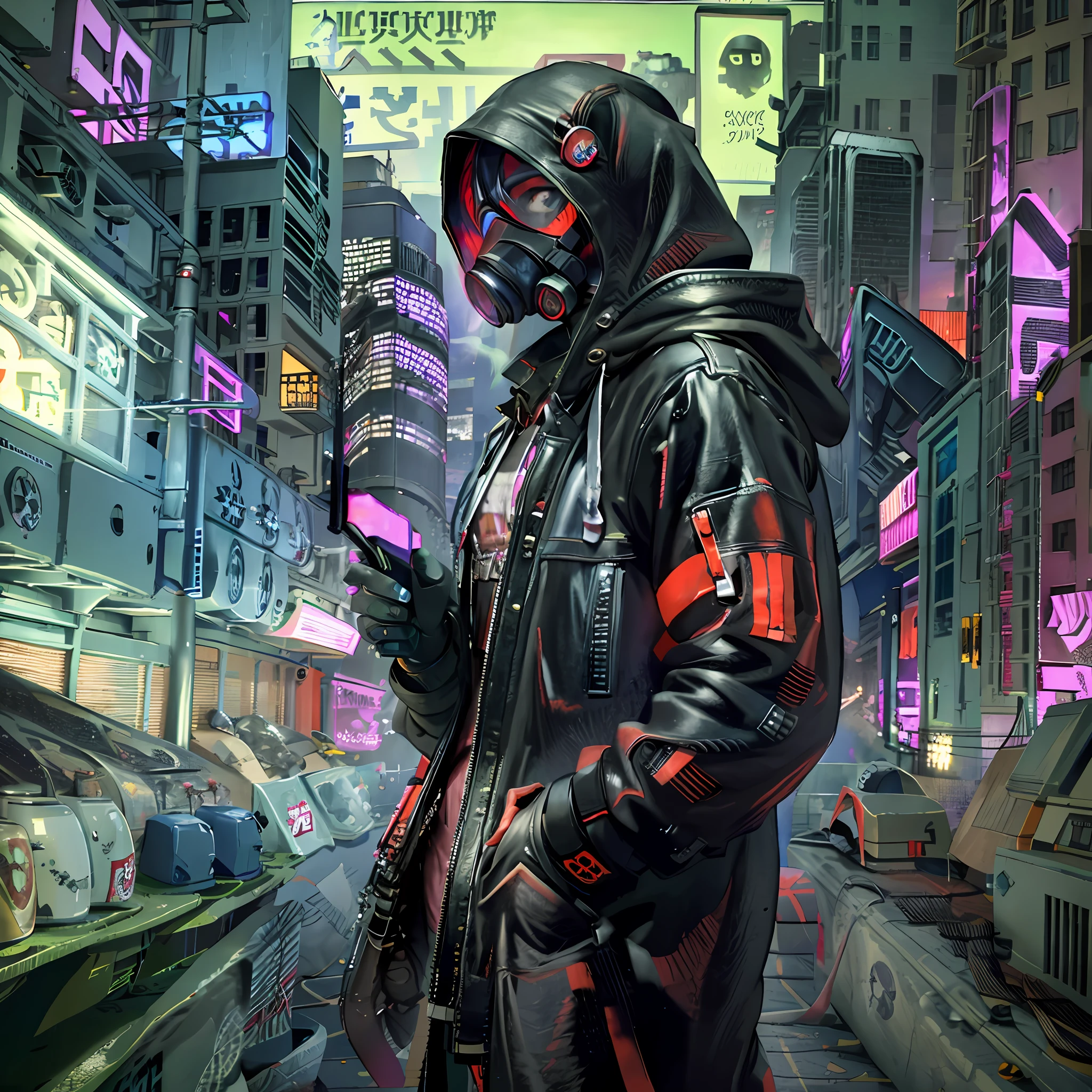 Hooded figure on a rooftop at midnight with a cyberpunk gas mask