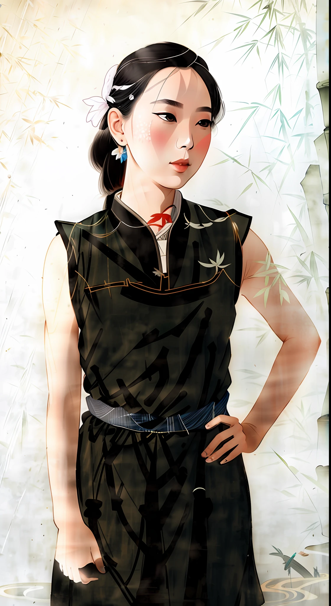 colorwater, negative space, girl, woman, lips, (trees:0.5), (flowers:0.6) ,(birds:0.2), (bamboo0.1), lakes, 杭州,