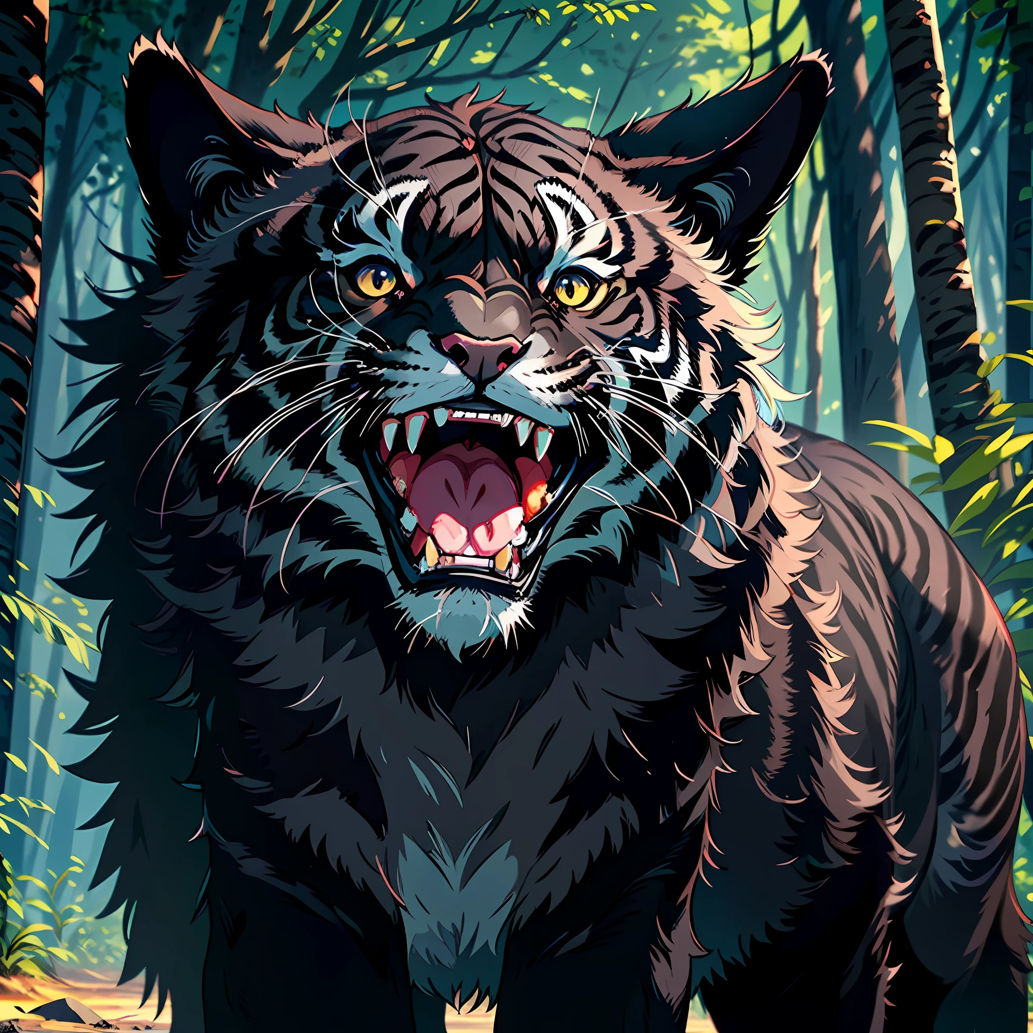 A black tiger cub, open its mouth, showing its fangs, mighty and domineering, forest, full body photo, (with all black fur and delicate fur),