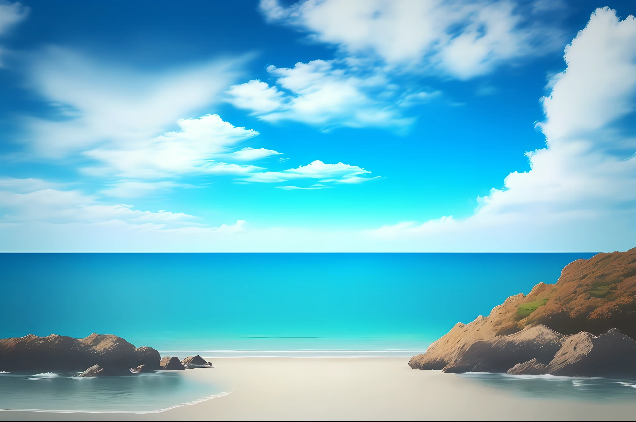 Scenery with clear blue sky, and calm ocean, in a vision of a person in anime style