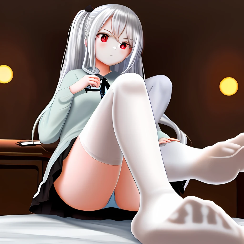 A girl put her feet in the front, and the girl lay comfortably on a messy bed, torn white stockings, torn clothes, panties on the bed, no shoes, red eyes, white hair