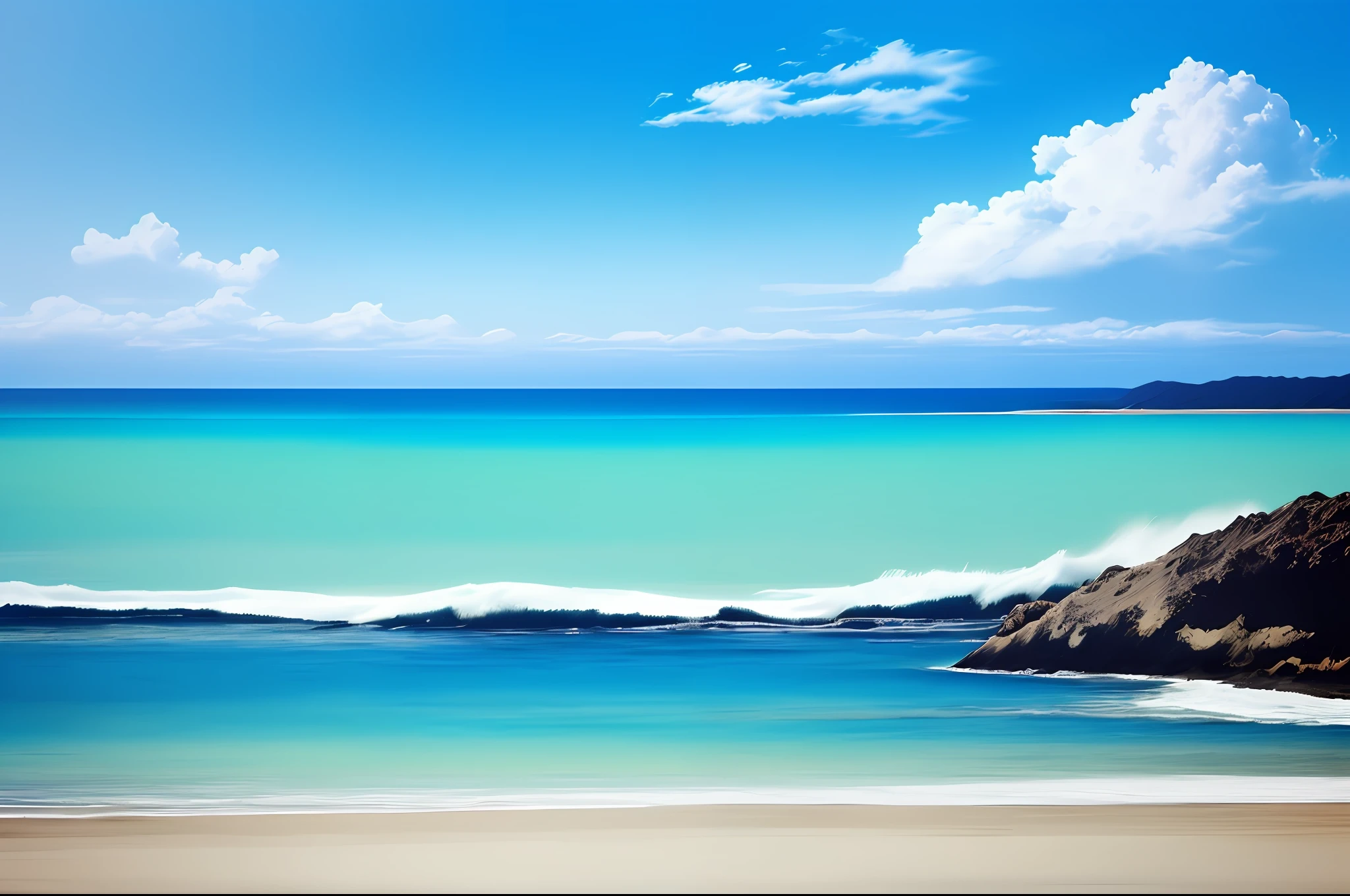 Scenery with clear blue sky, and calm ocean, in a vision of a person in anime style